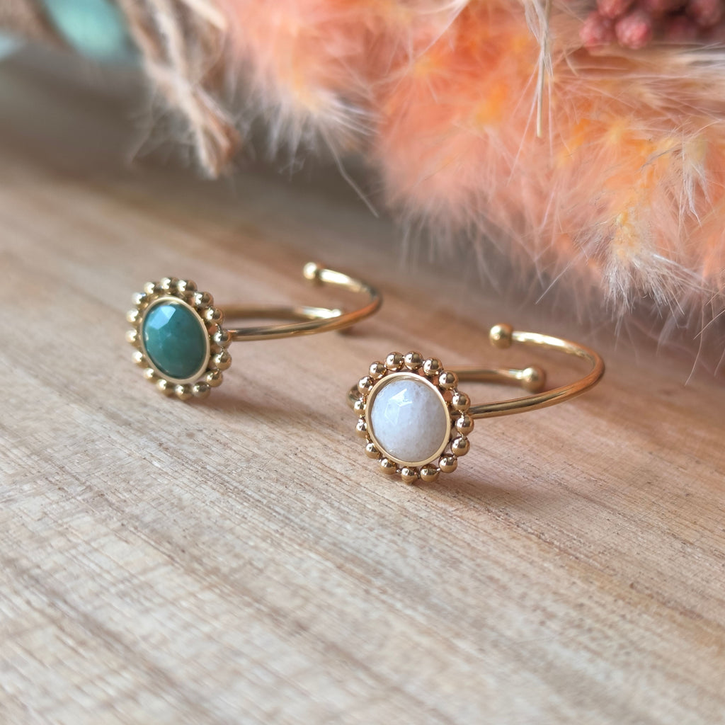 Bague en acier inoxydable et pierre naturelle – Jade blanc ou Jade africain