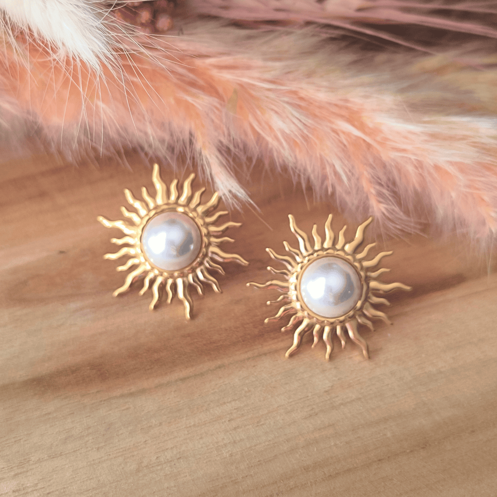Boucles d'Oreilles Soleil & Perle Nacrée en Acier Inoxydable