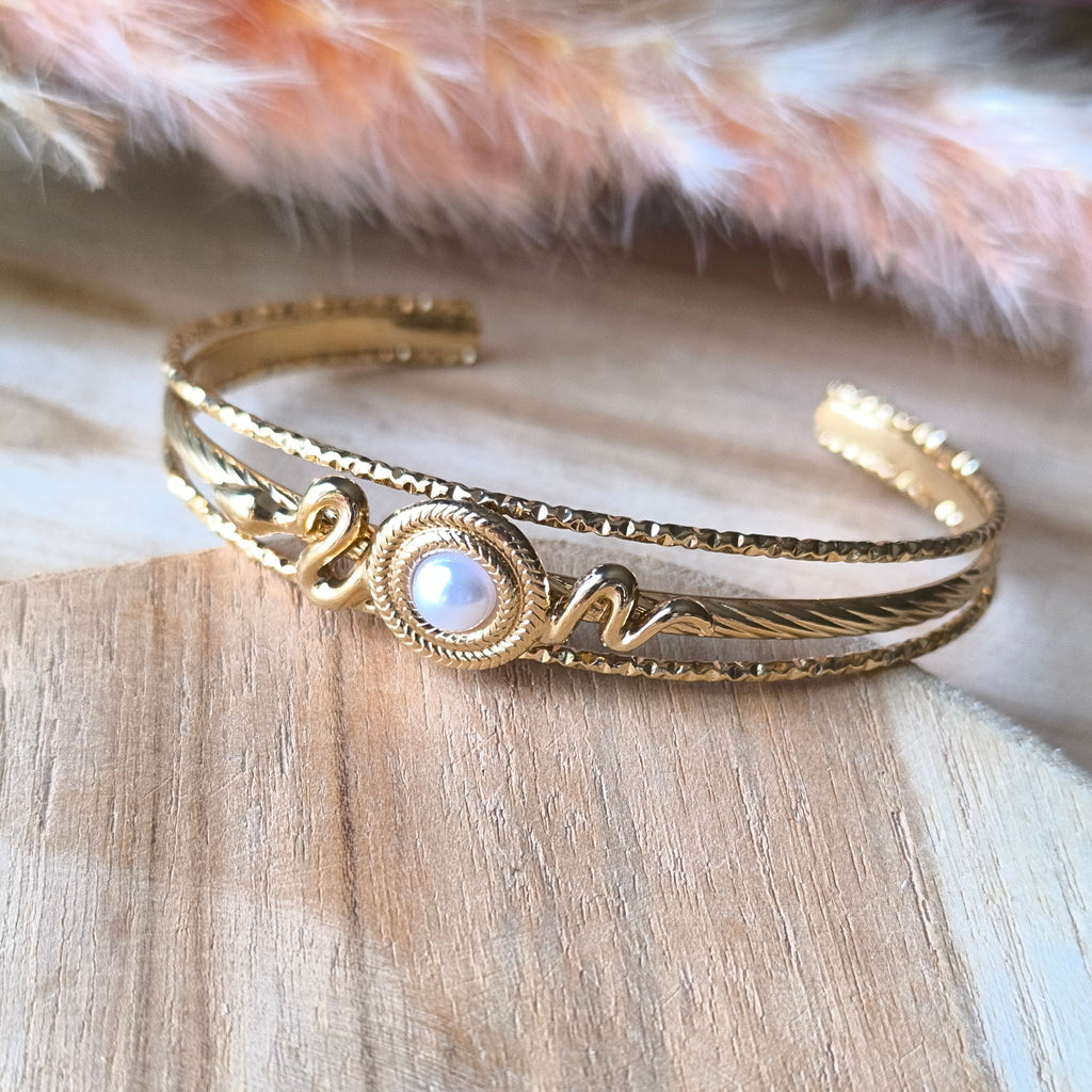 Bracelet jonc ouvert réglable en acier inoxydable – Nacre naturelle ou Œil de Tigre