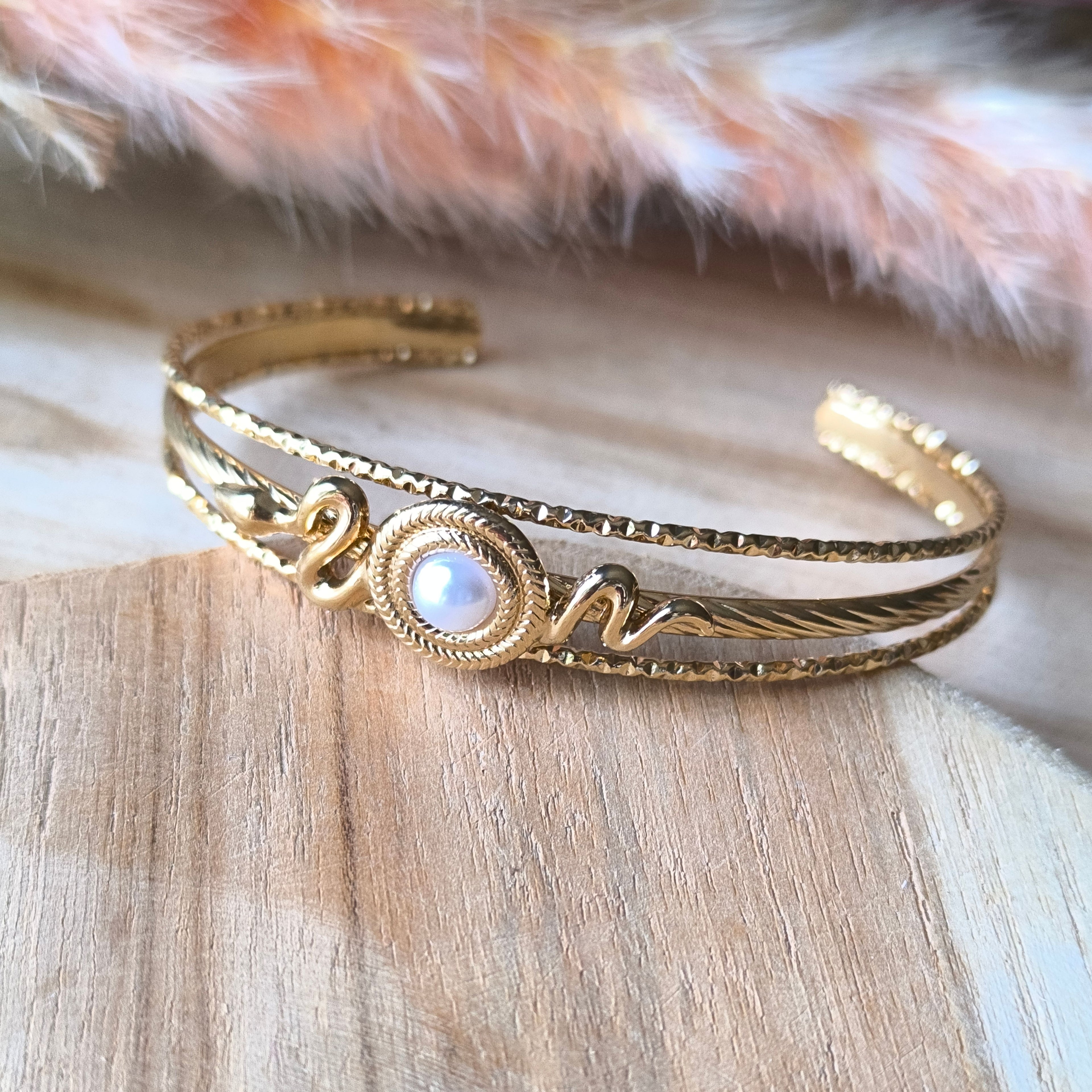 Bracelet jonc ouvert réglable en acier inoxydable – Nacre naturelle ou Œil de Tigre