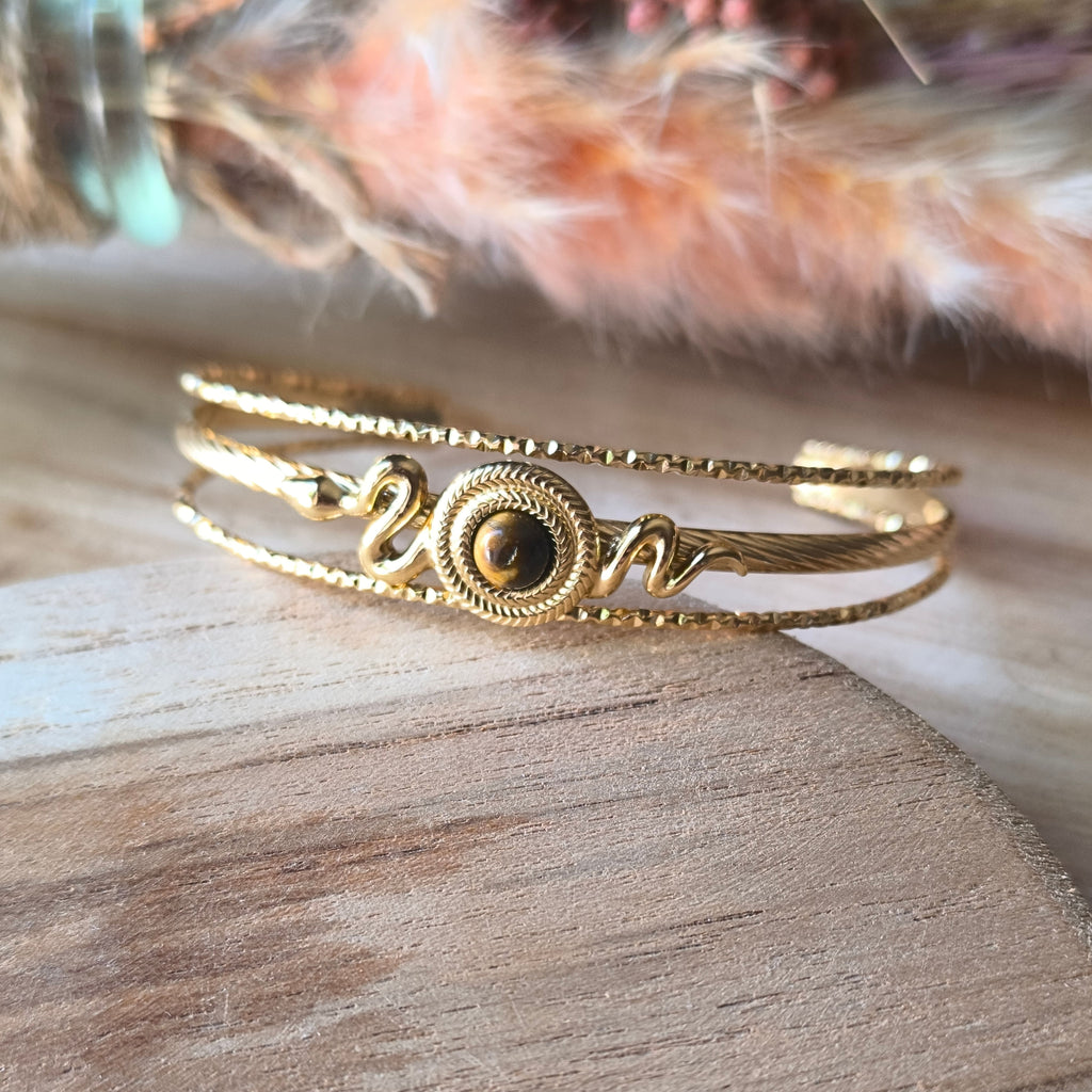 Bracelet jonc ouvert réglable en acier inoxydable – Nacre naturelle ou Œil de Tigre
