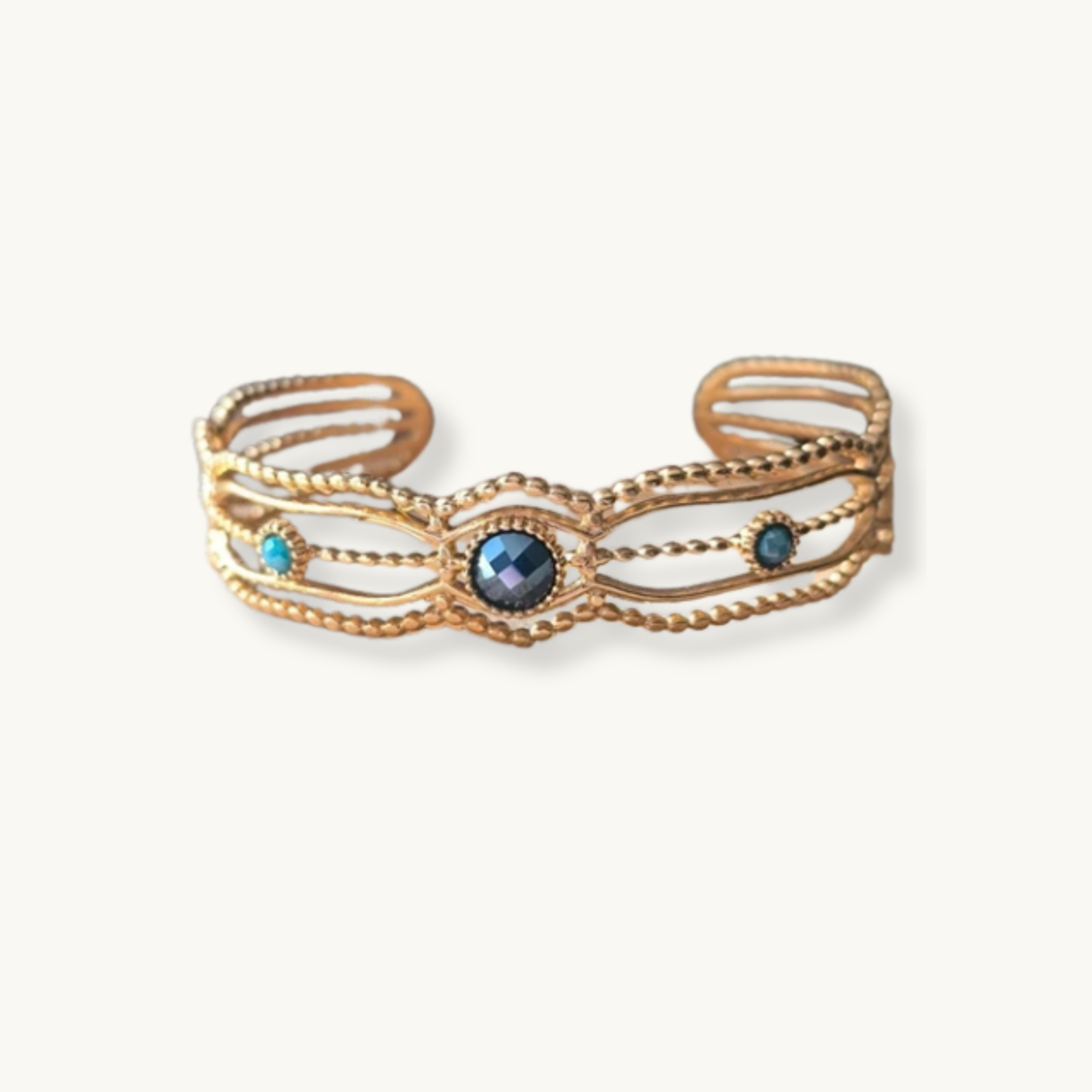 Bracelet Jonc Doré – 3 Perles Bleues – Taille Réglable