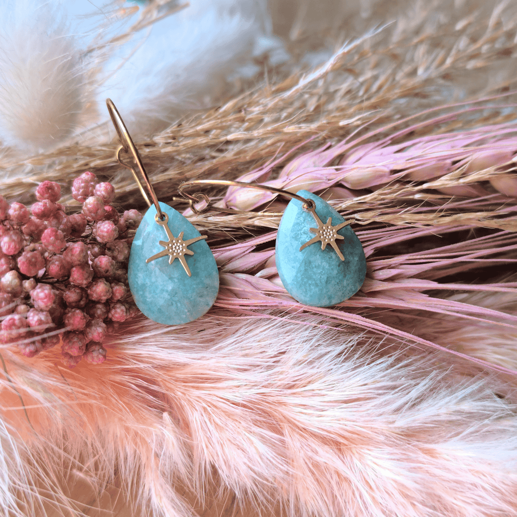 Boucles d’oreilles créoles fines avec pampille et pierre naturelle – acier inoxydable