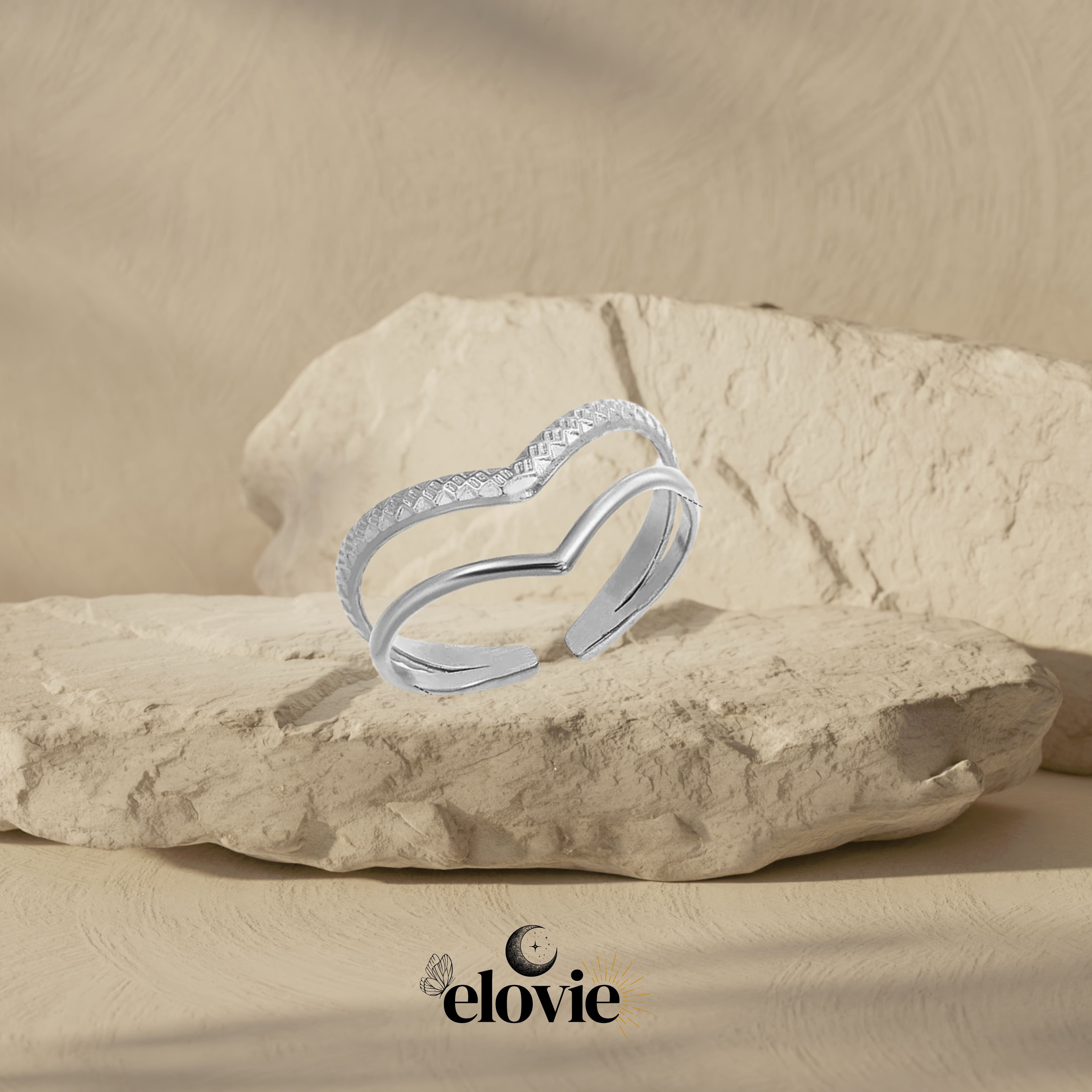 Bague deux rangs en acier inoxydable – Argenté avec un rang martelé