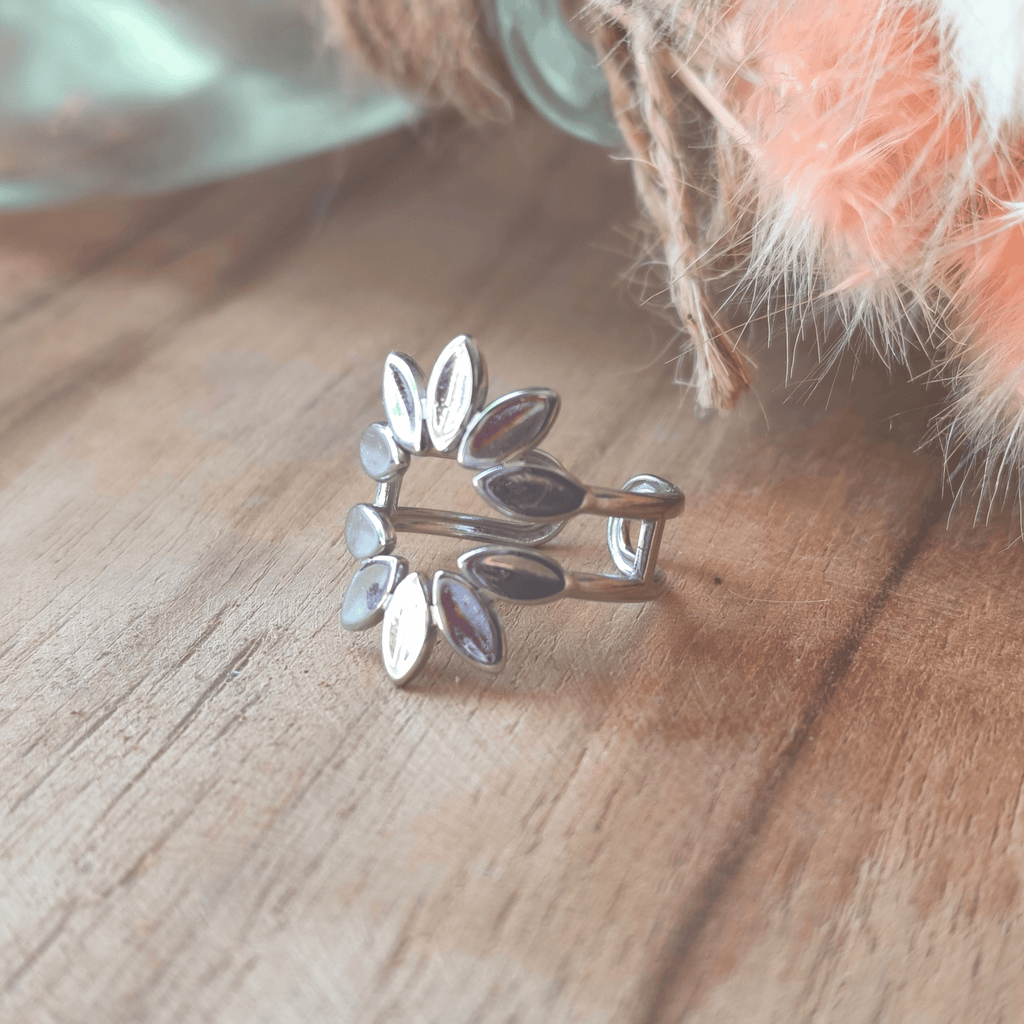Bague Réglable Feuillage en Acier Inoxydable Argenté