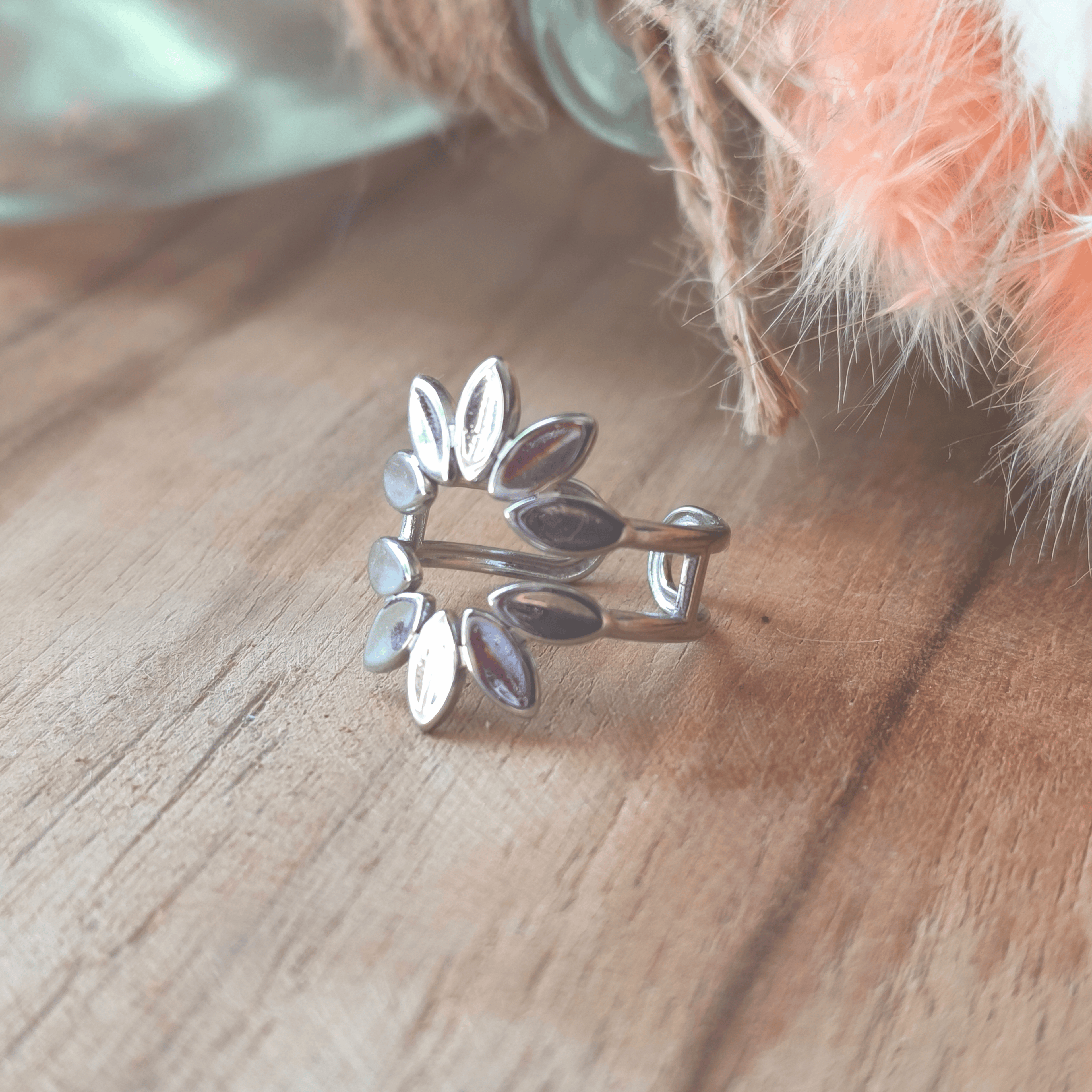 Bague Réglable Feuillage en Acier Inoxydable Argenté