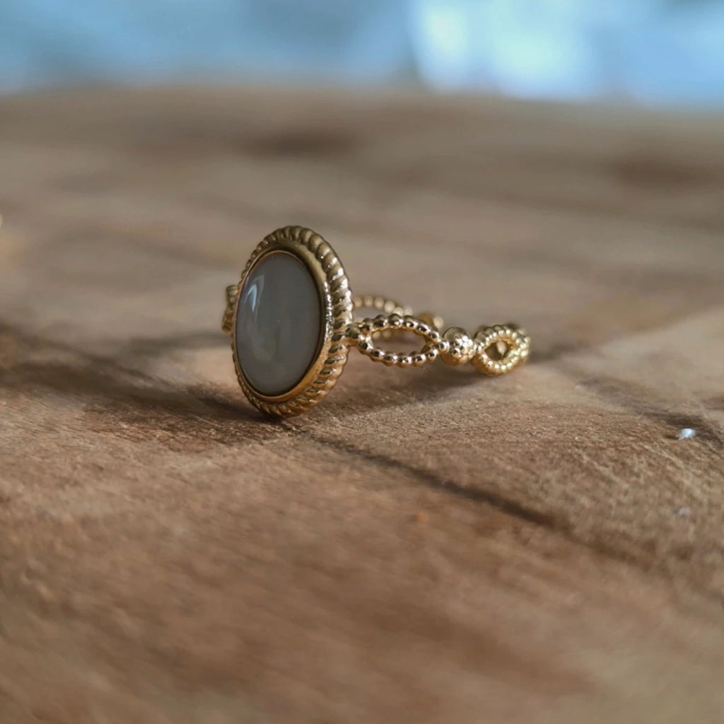 Bague Fine Réglable Dorée en Acier Inoxydable – Ovale Blanc & Détails Délicats