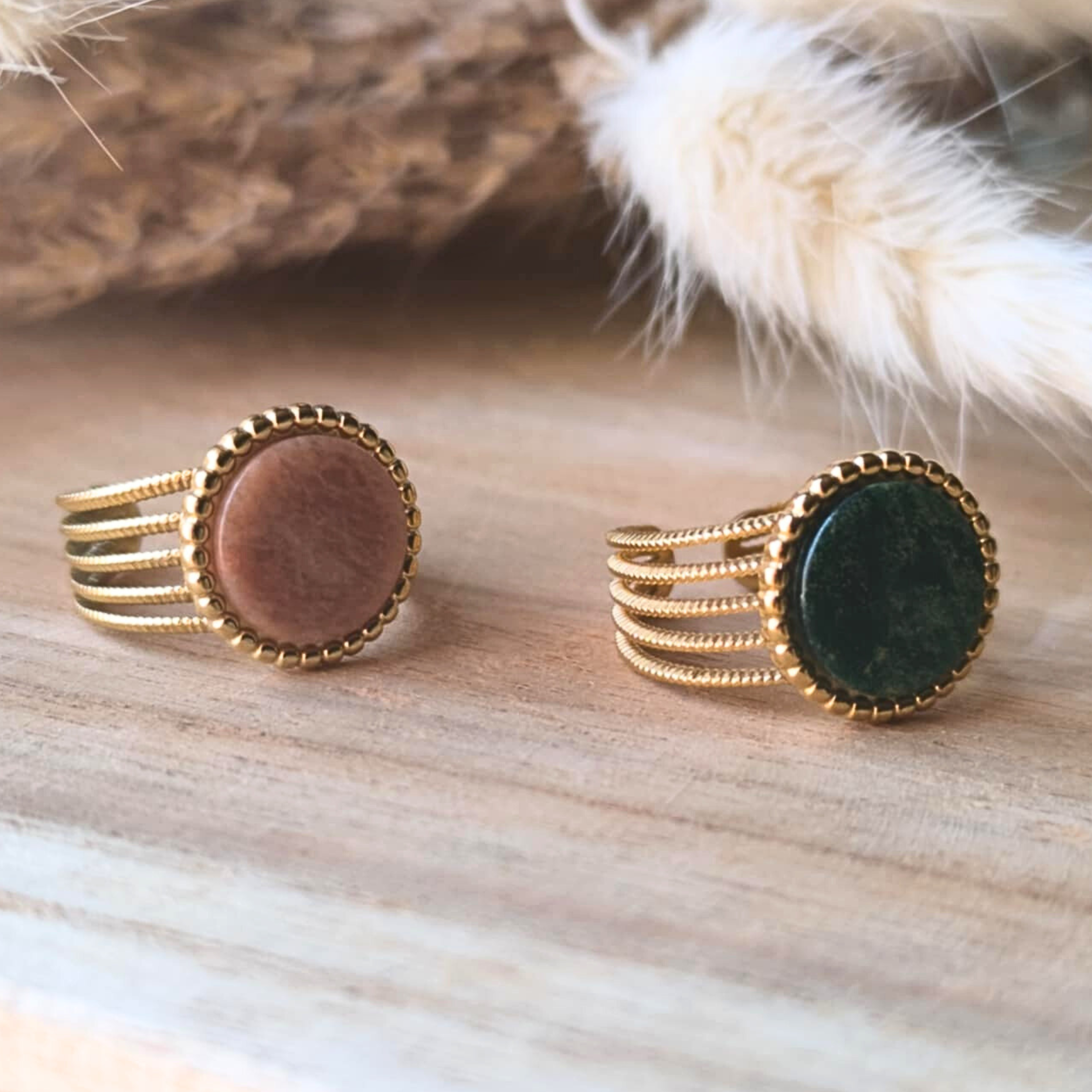 Bague cabochon rond – acier inoxydable avec pierre naturelle