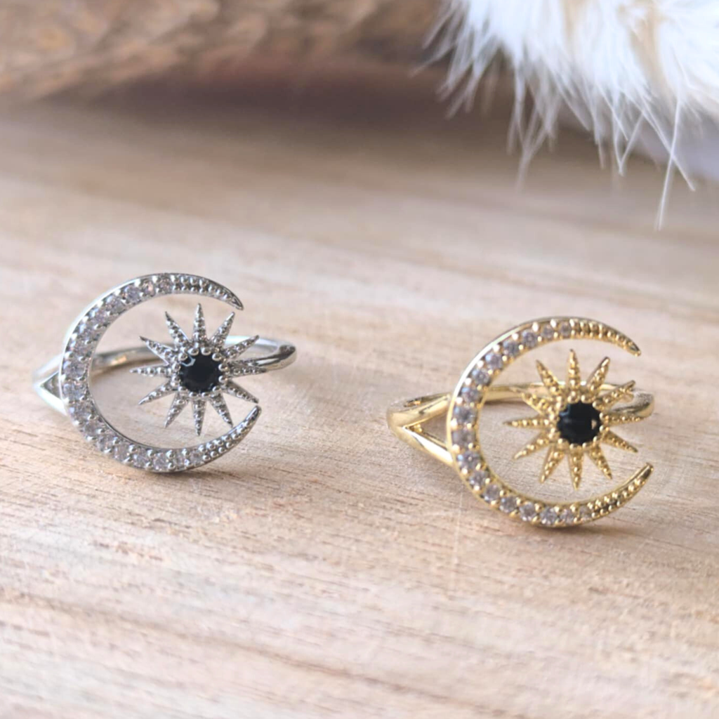 Bague réglable Soleil & Lune avec zircons
