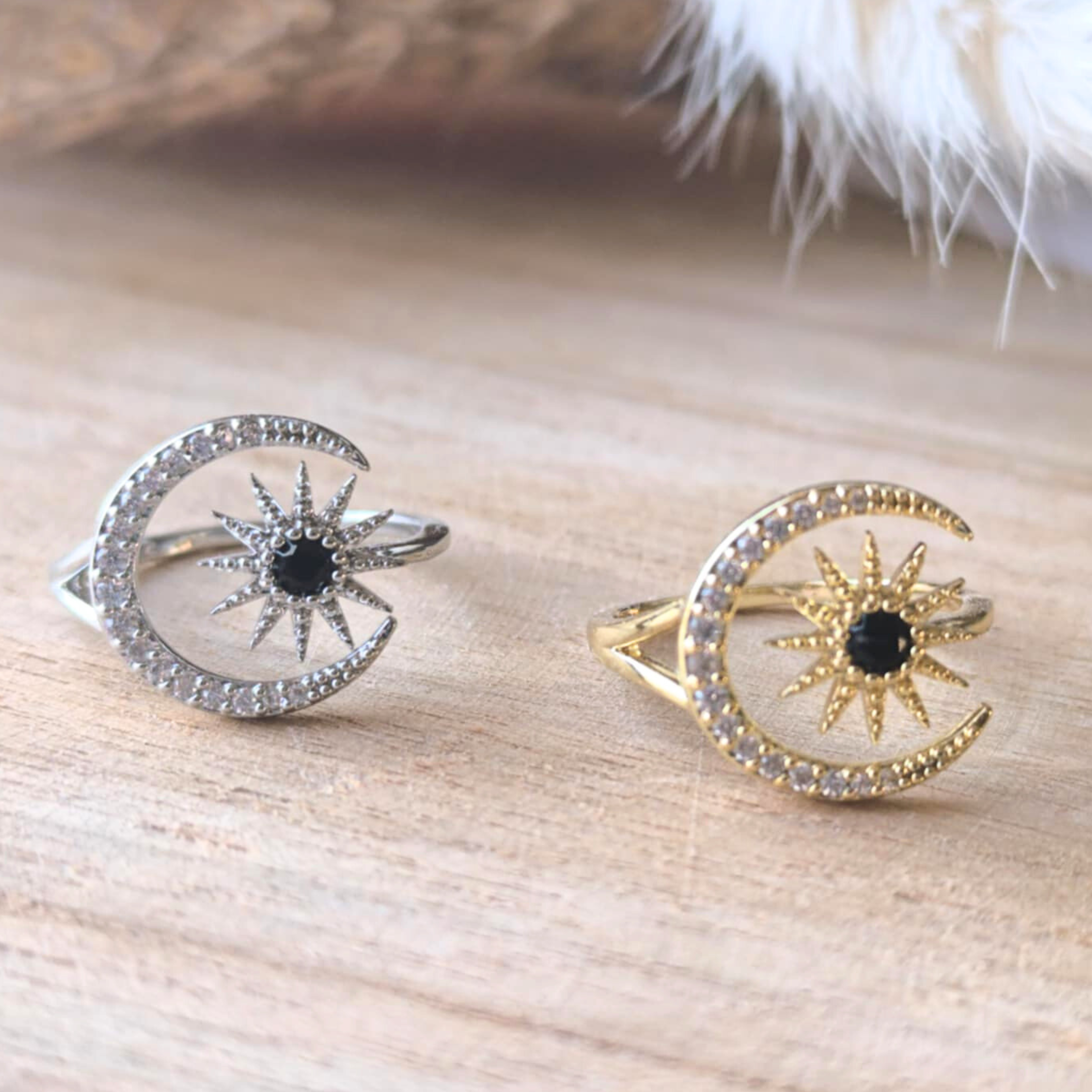 Bague réglable Soleil & Lune avec zircons