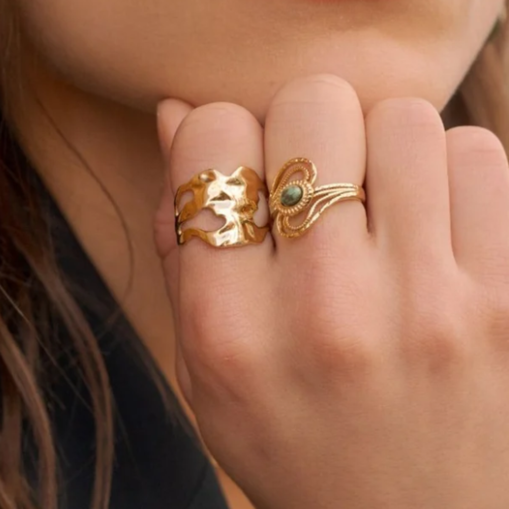 Bague graphique ajustable texturée et ajourée – acier inoxydable et pierres naturelles