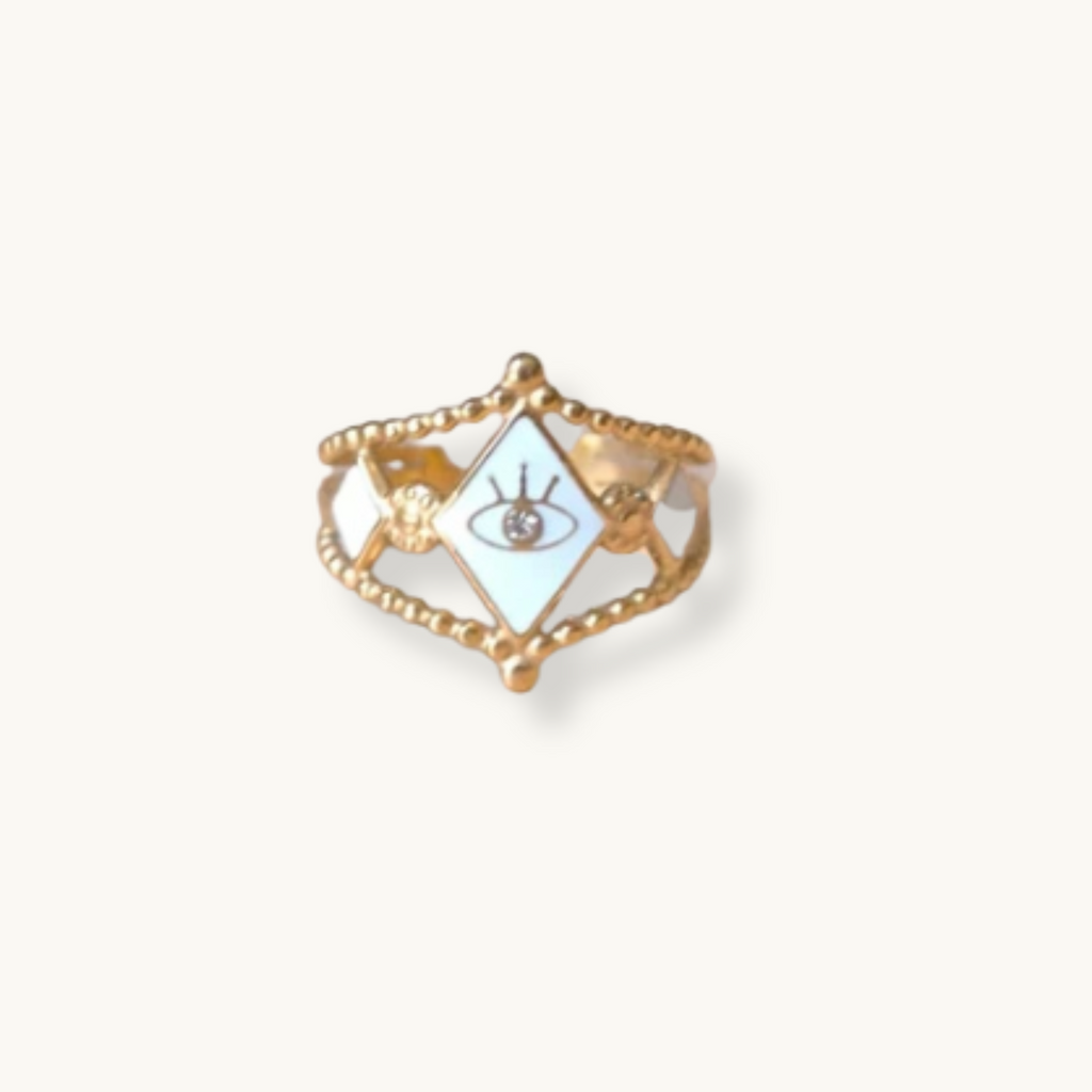 Bague dorée réglable en acier inoxydable – Œil blanc & triangles émaillés avec zircon