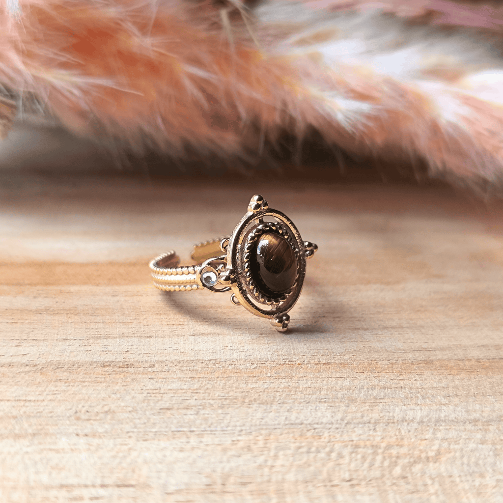 Bague réglable en acier inoxydable doré avec pierre naturelle œil de tigre