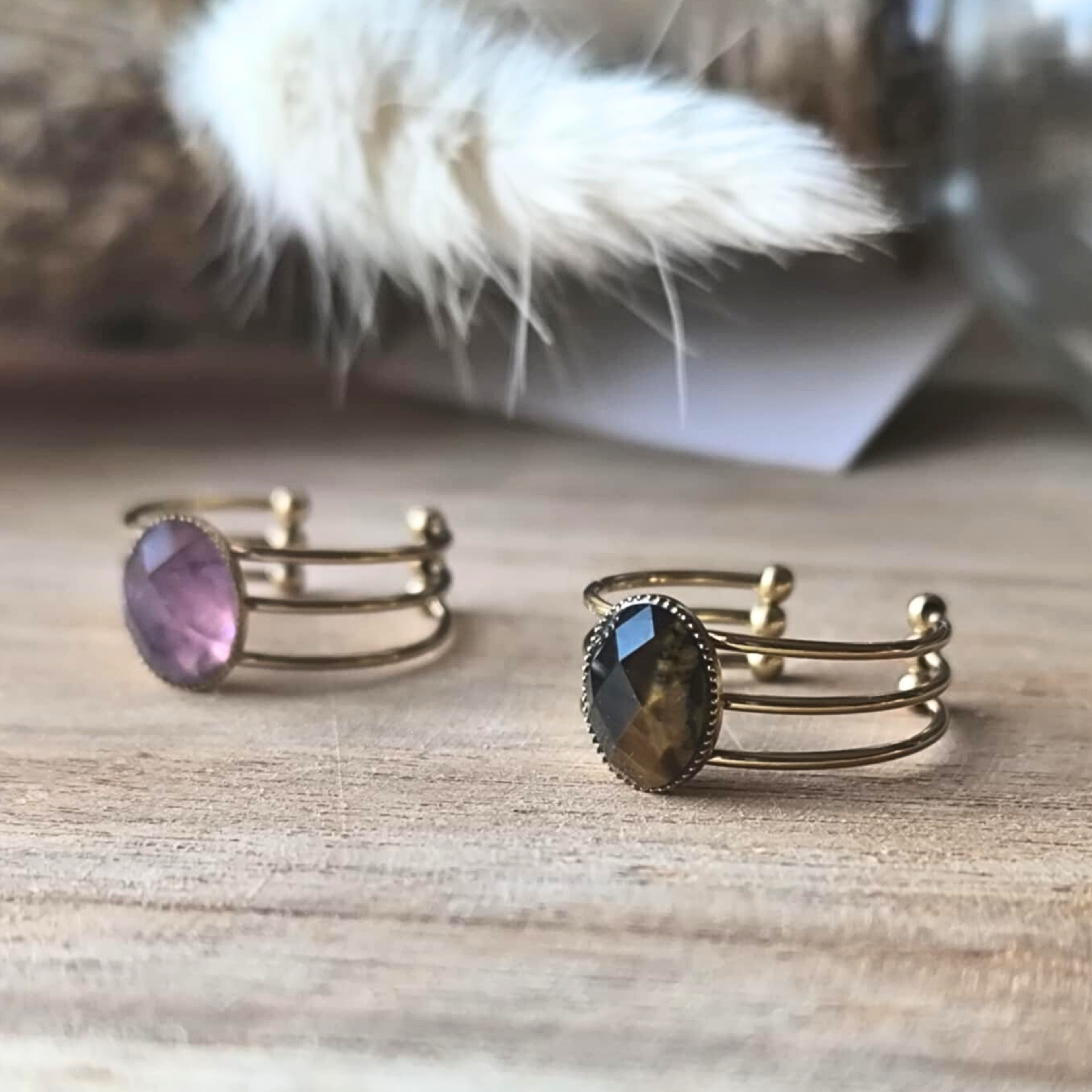 Bague 3 rangs en acier inoxydable avec pierre naturelle