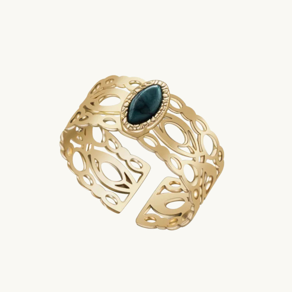 Bague Arabesque Ajourée en Acier Inoxydable – Pierre Naturelle Ovale Réglable