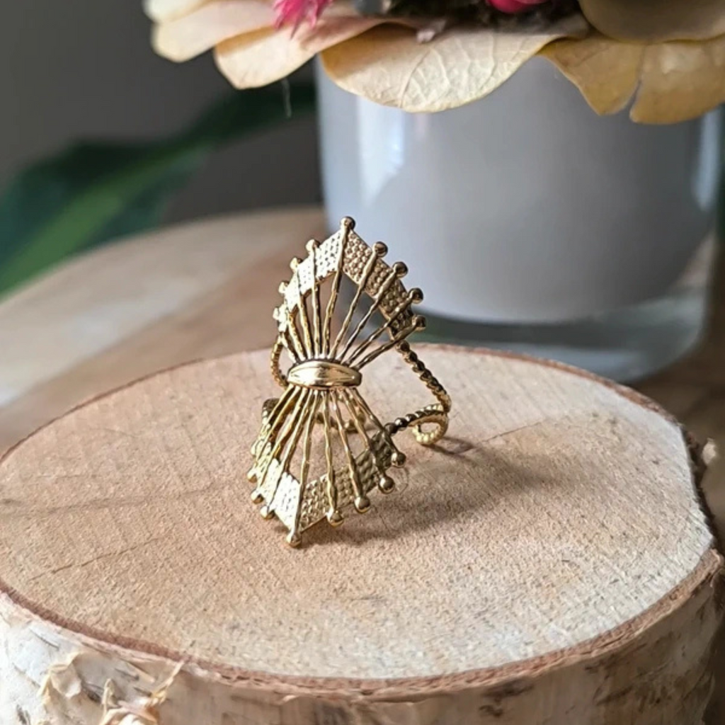 Bague réglable ajourée en acier inoxydable – Design éventail