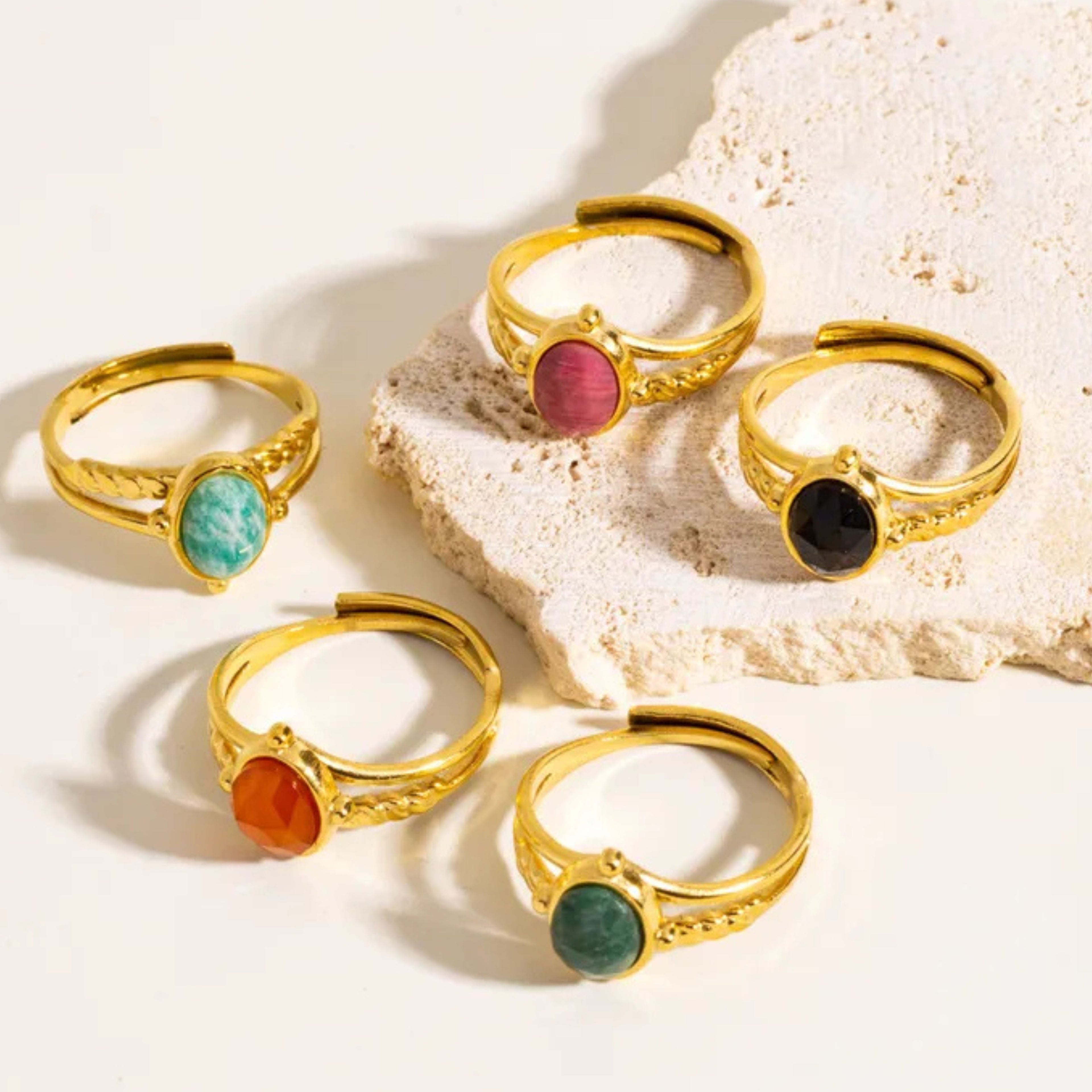 Bague réglable en acier inoxydable – Pierre naturelle au choix