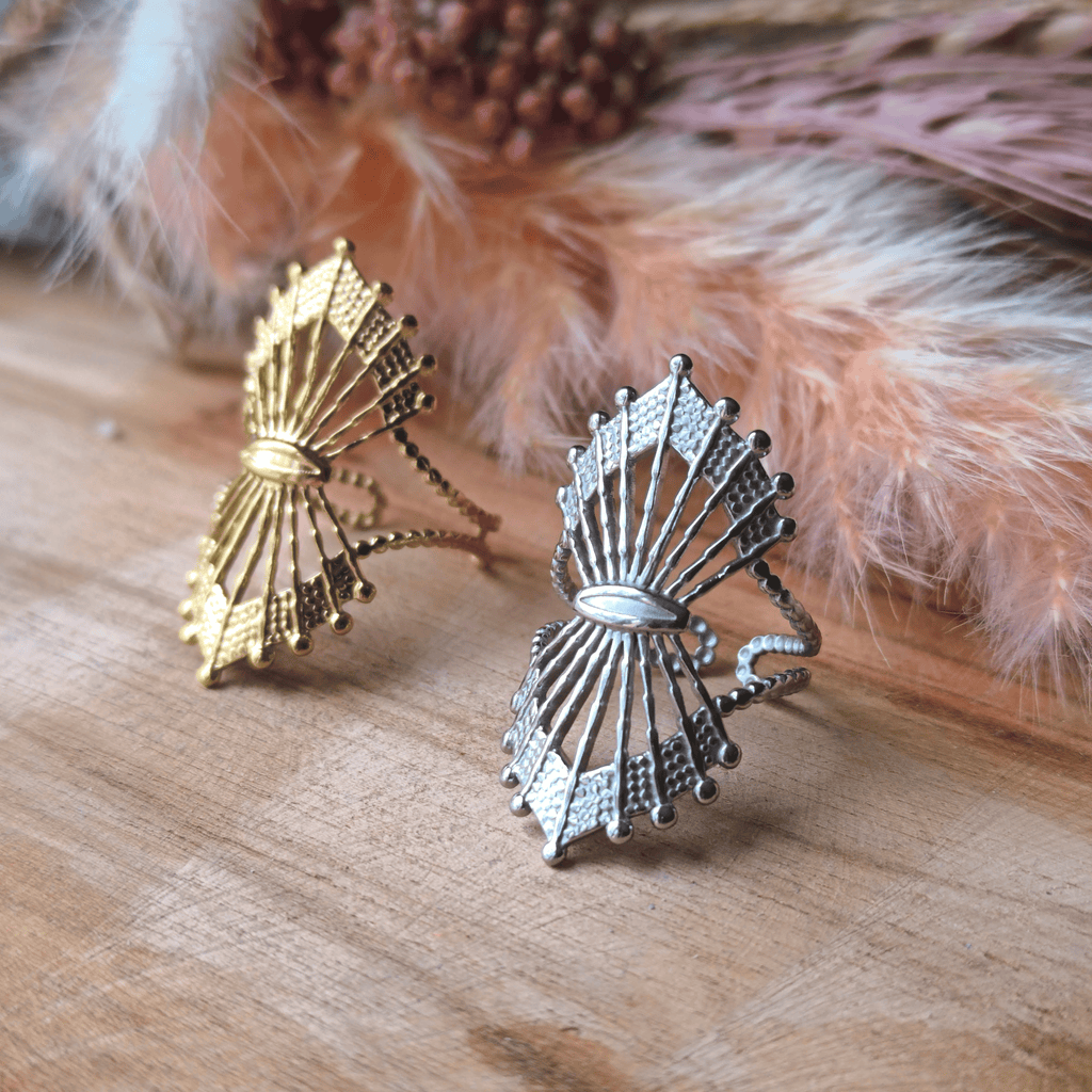 Bague réglable ajourée en acier inoxydable – Design éventail
