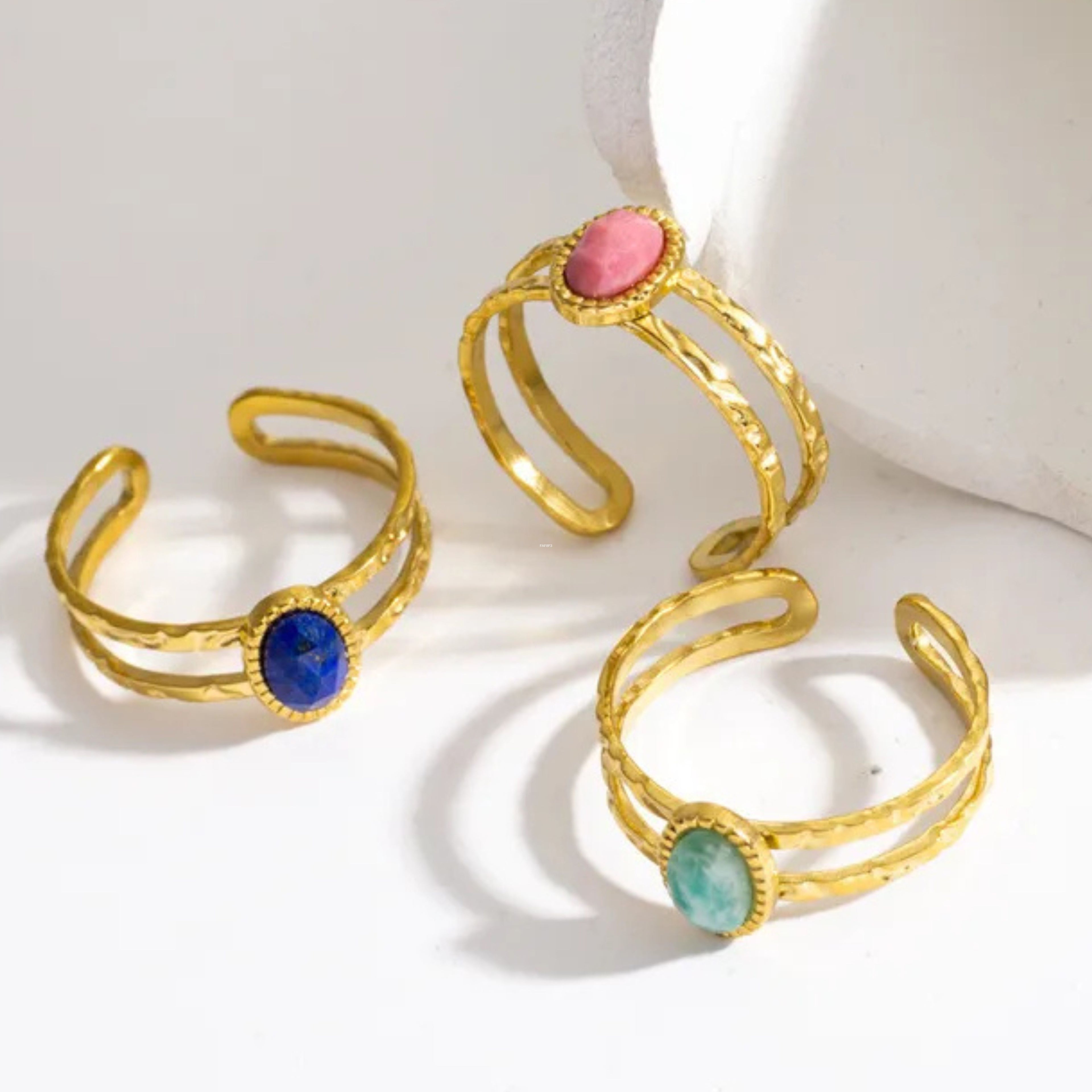 Bague réglable en acier inoxydable – 2 rangs martelés & pierre naturelle au choix