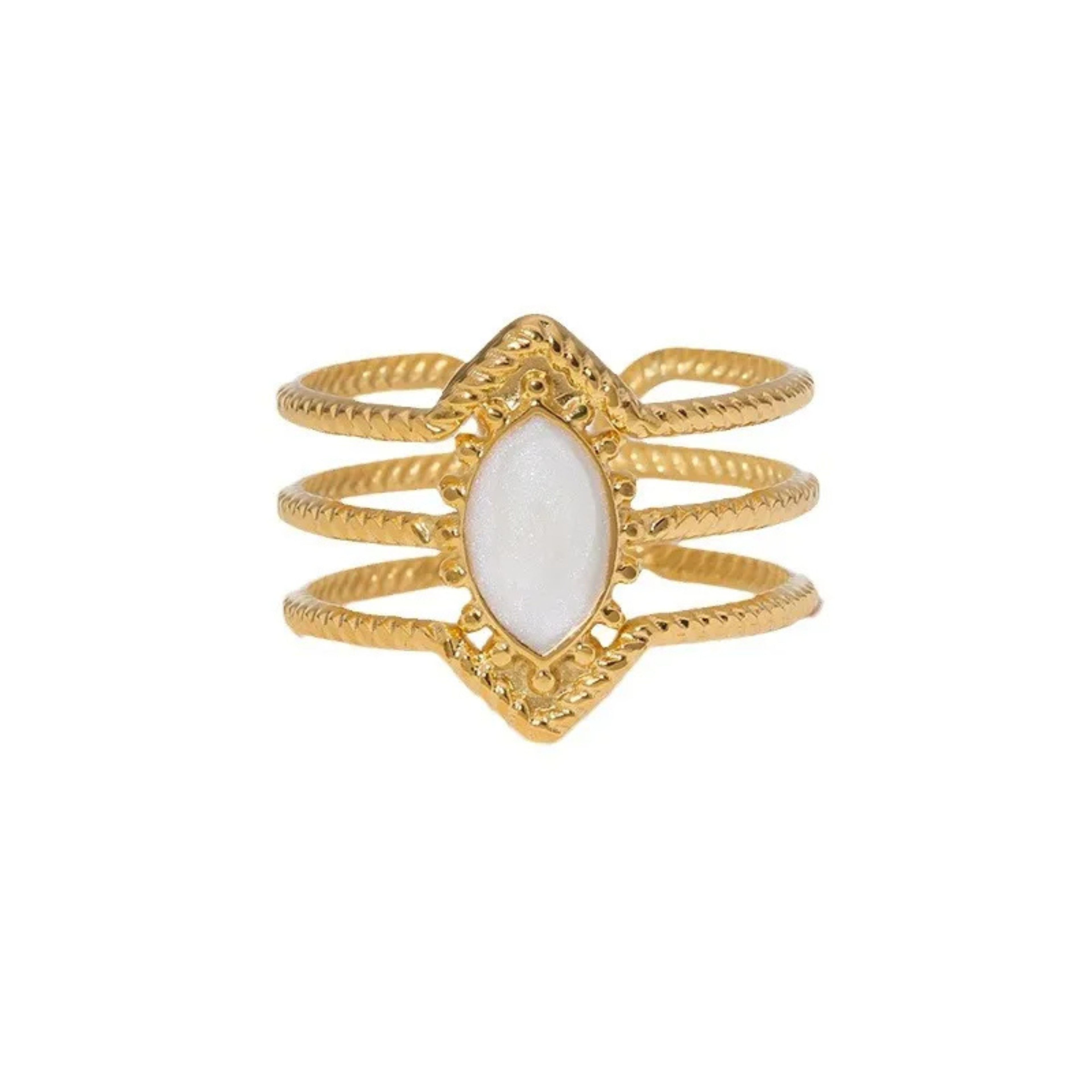 Bague Ajustable à Trois Rangs en Acier Inoxydable avec Losange Blanc Pailleté