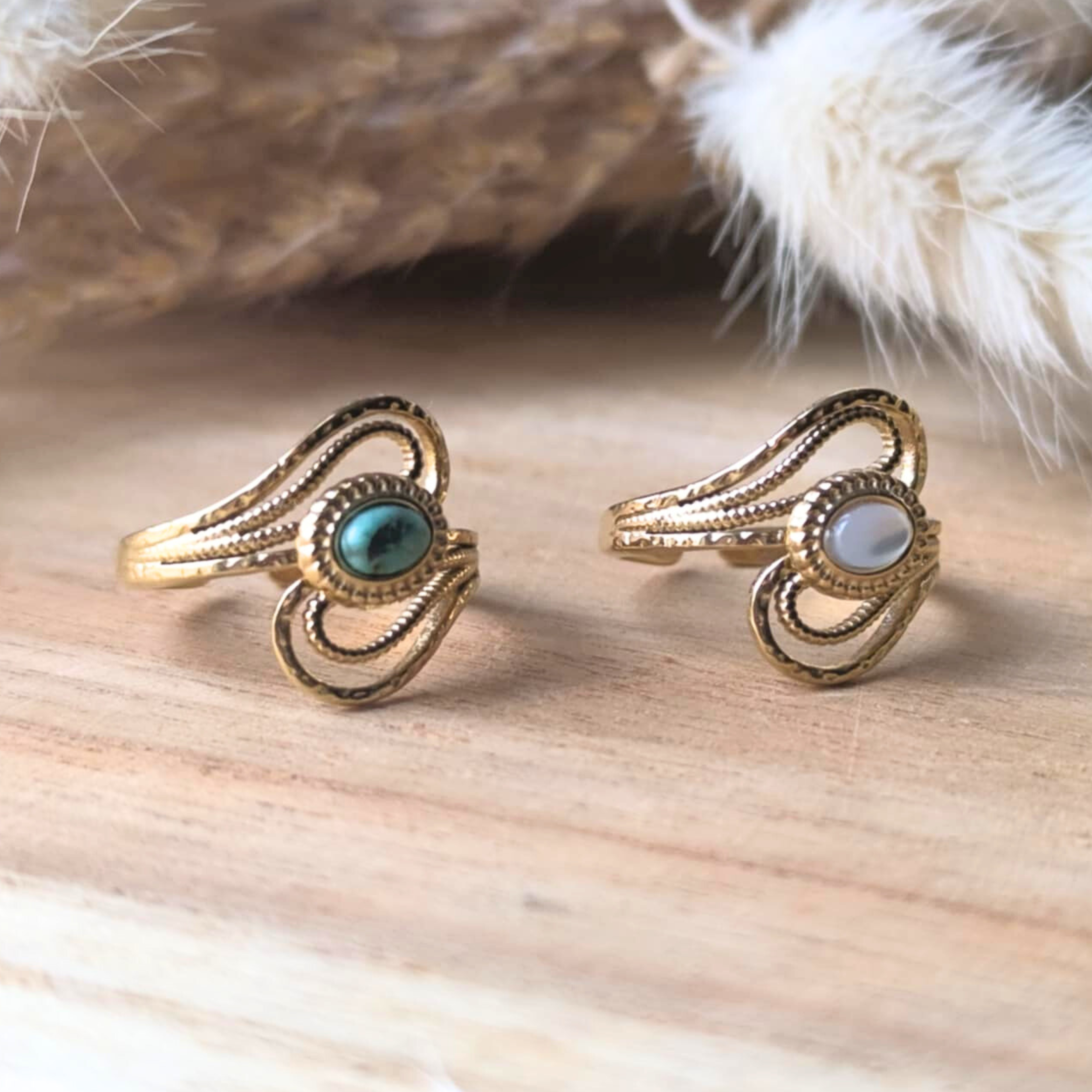 Bague graphique ajustable texturée et ajourée – acier inoxydable et pierres naturelles