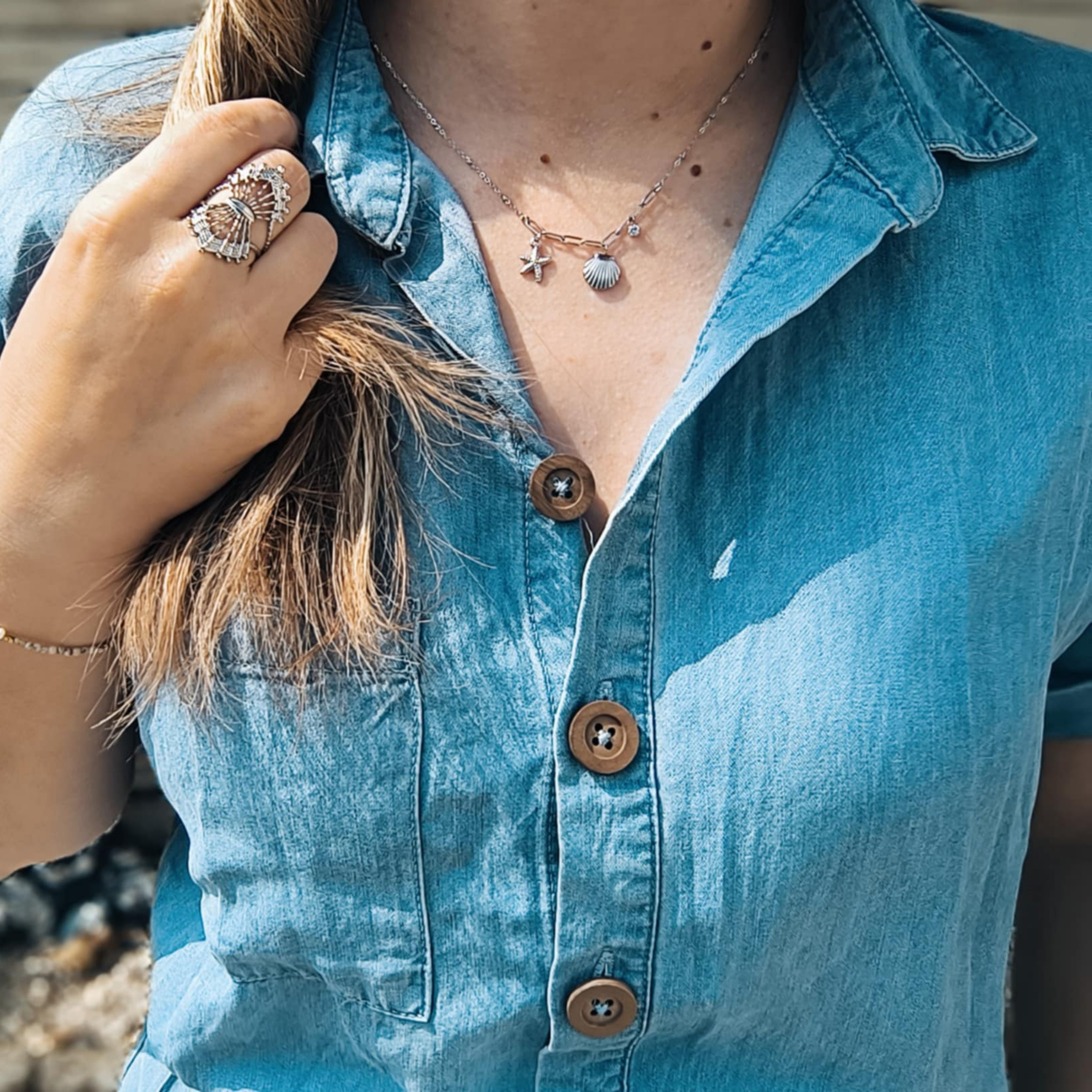 Collier acier inoxydable avec breloques étoile coquillage diamant argenté