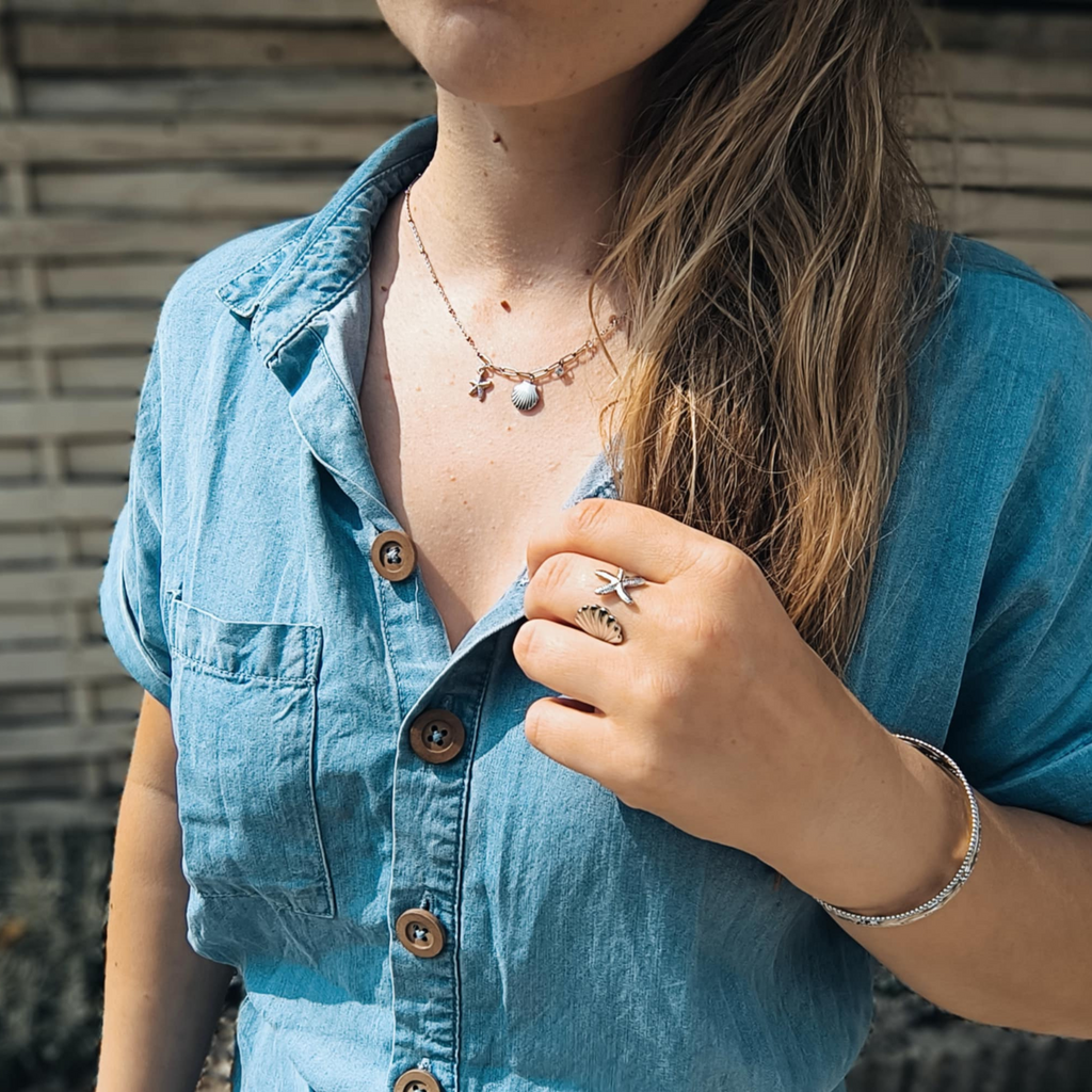 Bague réglable en acier inoxydable argenté – Coquillage & Étoile de mer