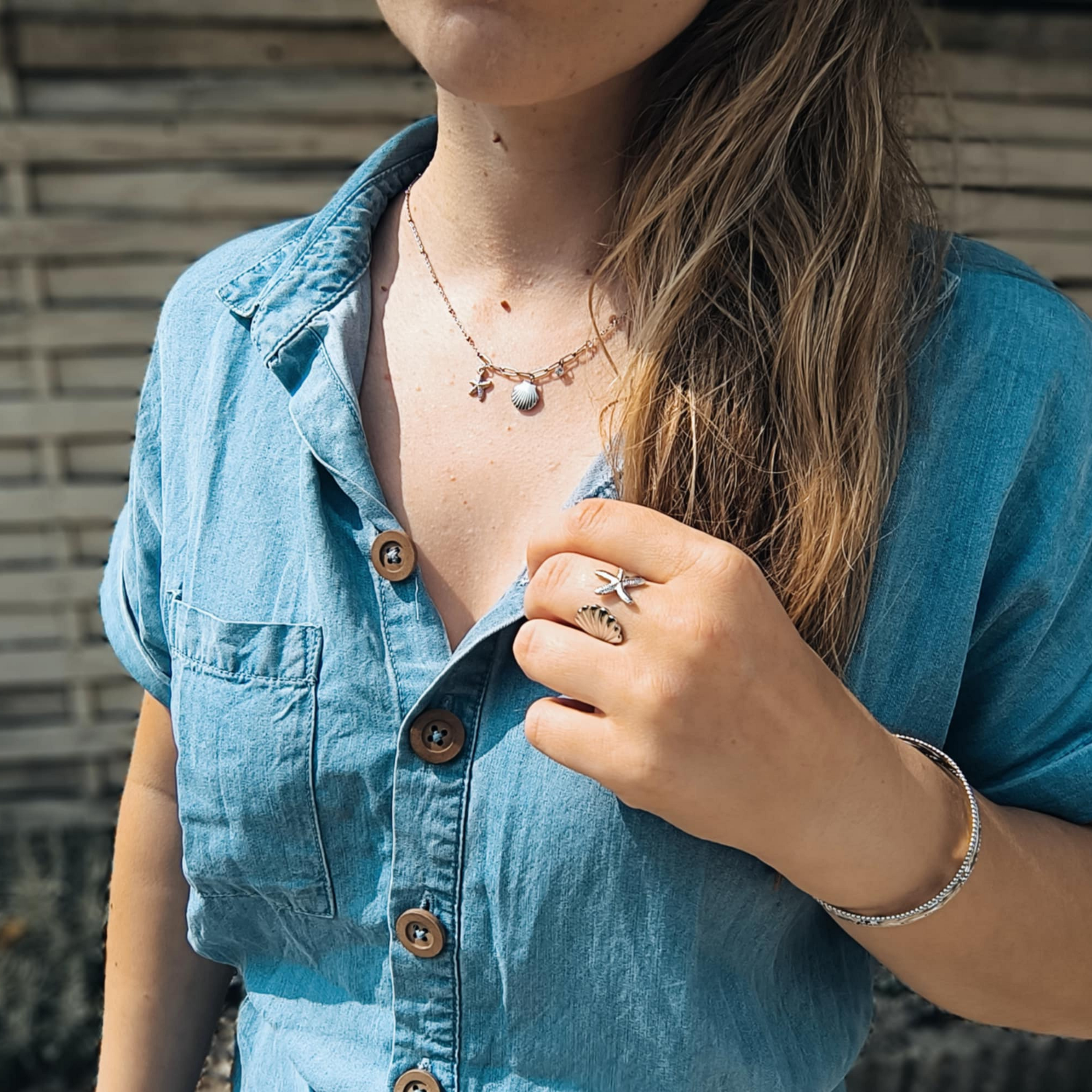 Bague réglable en acier inoxydable argenté – Coquillage & Étoile de mer