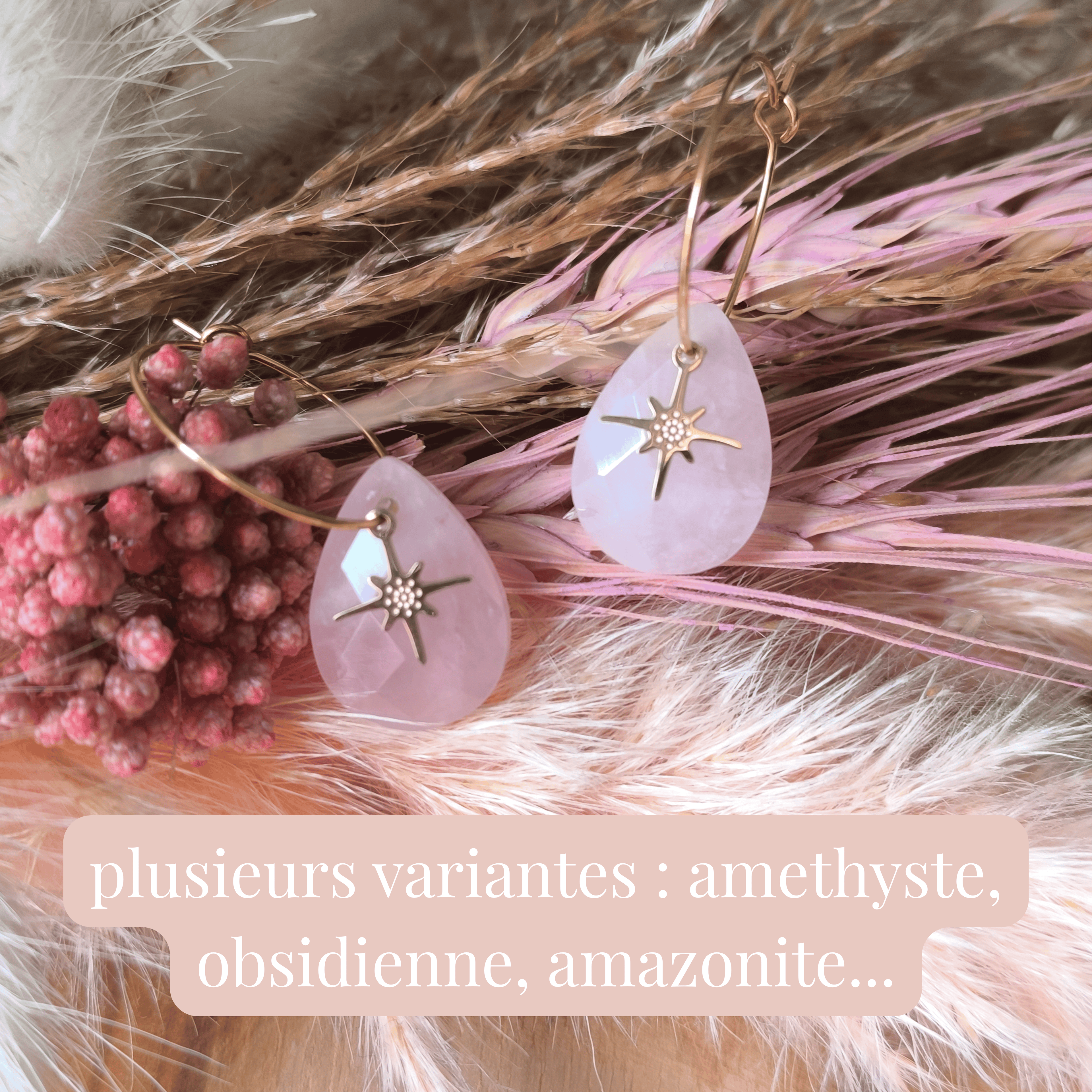 Boucles d’oreilles créoles fines avec pampille et pierre naturelle – acier inoxydable