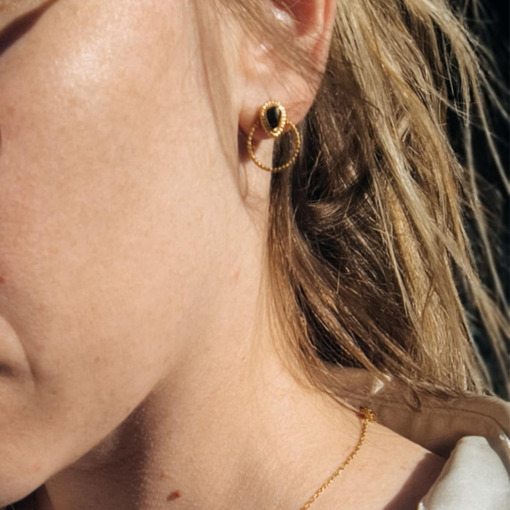 Boucles d’Oreilles Goutte avec Pierre Naturelle - Cercle Martelé