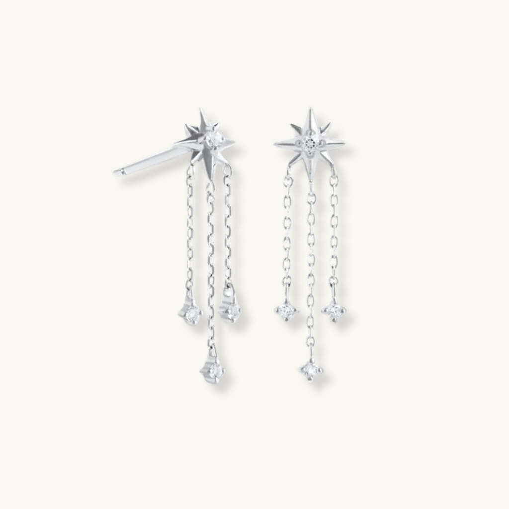 Boucles d’Oreilles Étoiles Argentées en Acier Inoxydable avec Chaînettes et Strass Serti