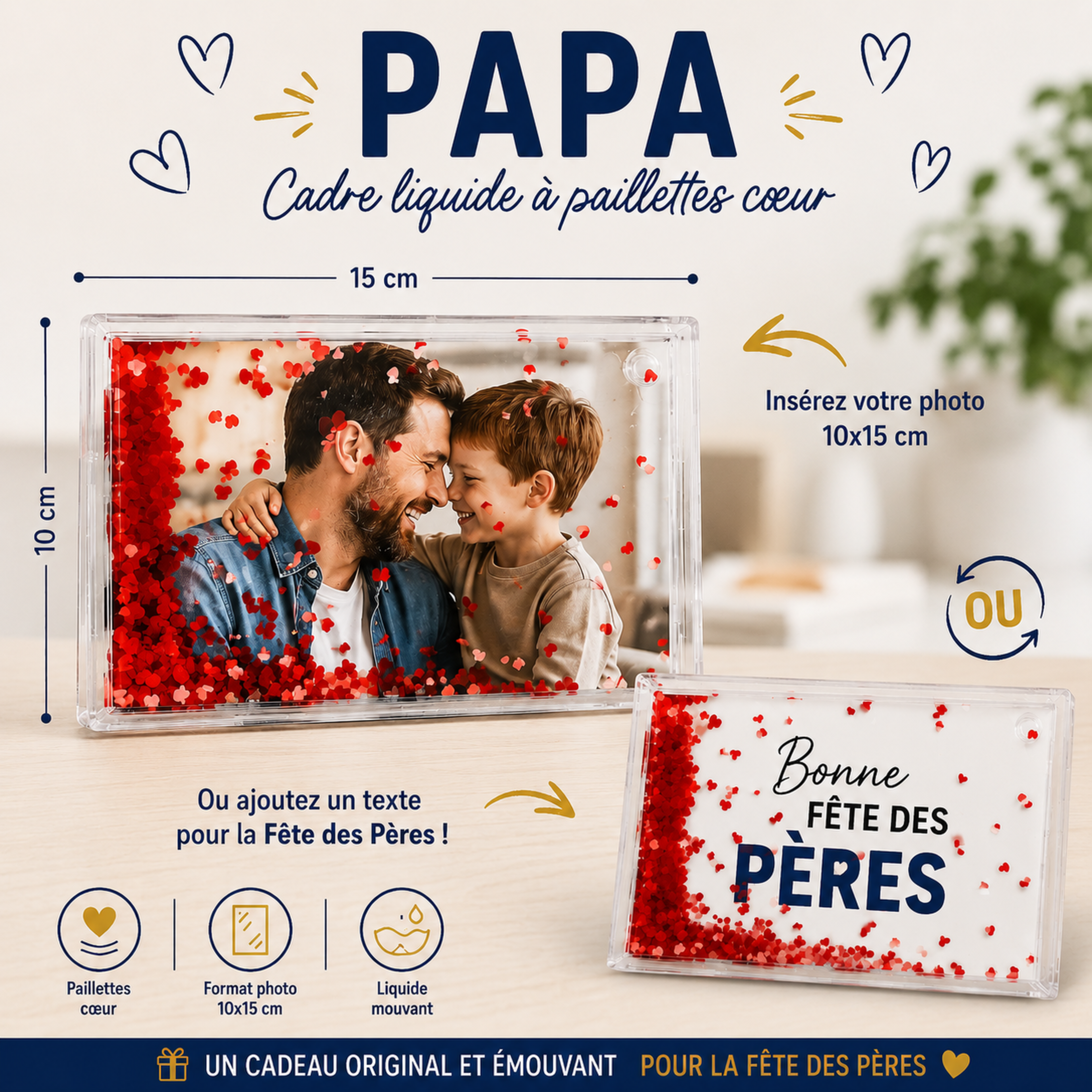 Cadre Liquide à Paillettes Cœur Personnalisé