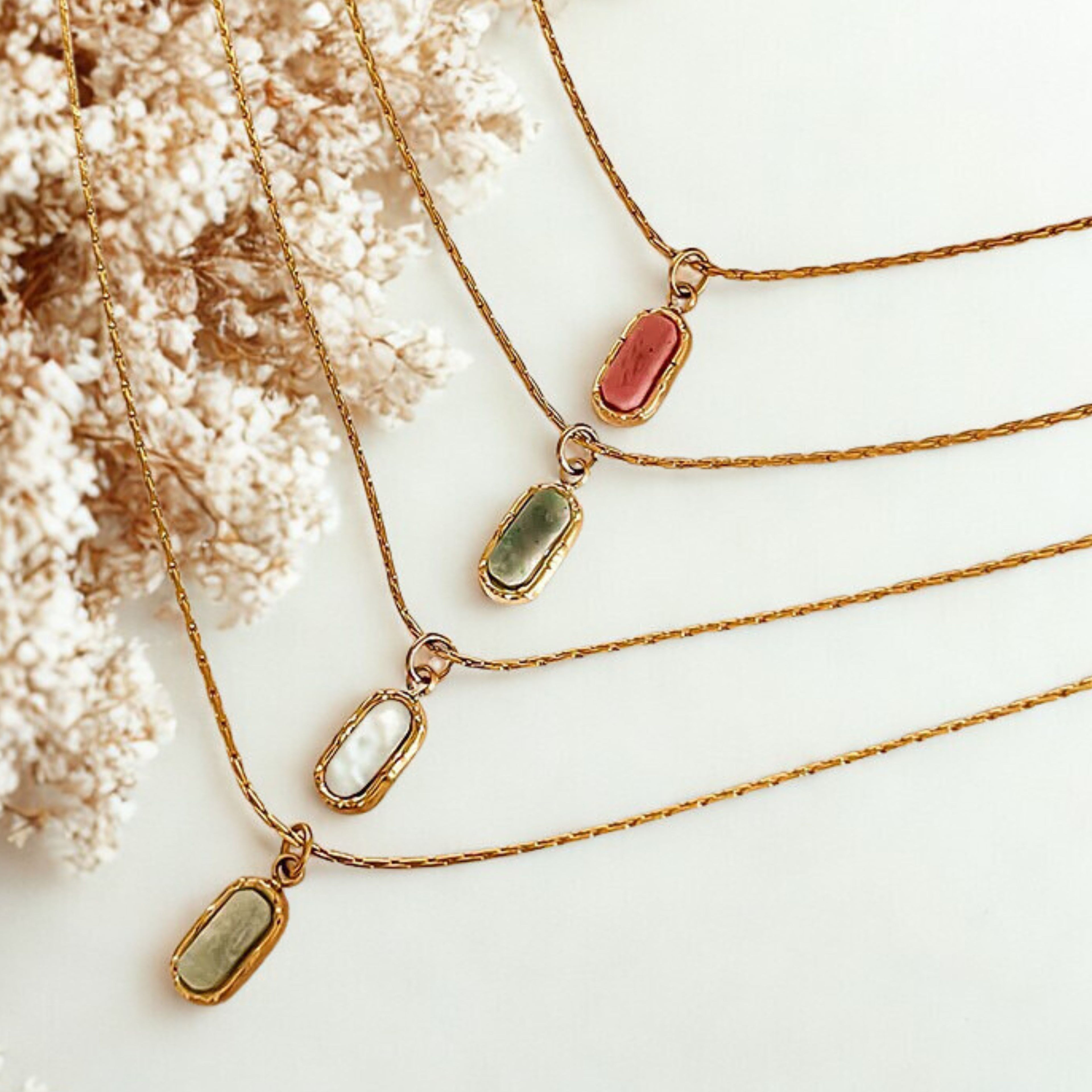 Collier en pierre naturelle & acier inoxydable – Amazonite, Nacre, Rhodonite, Pierre africaine