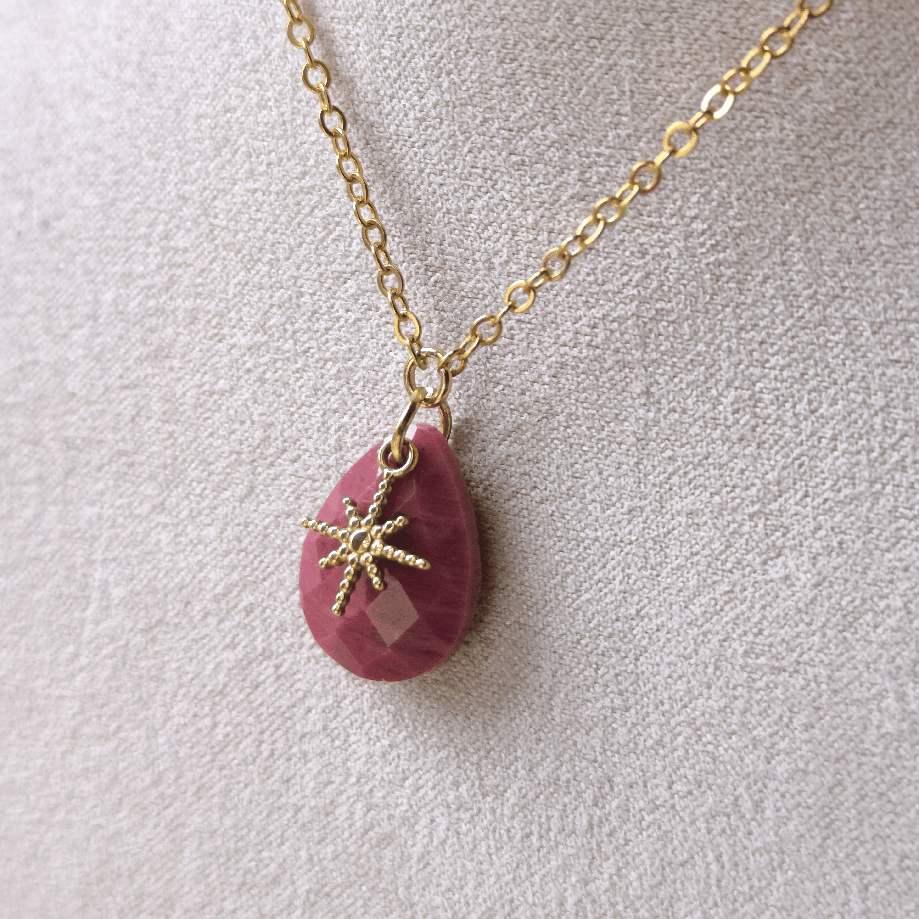 Collier acier inoxydable goutte rhodochrosite