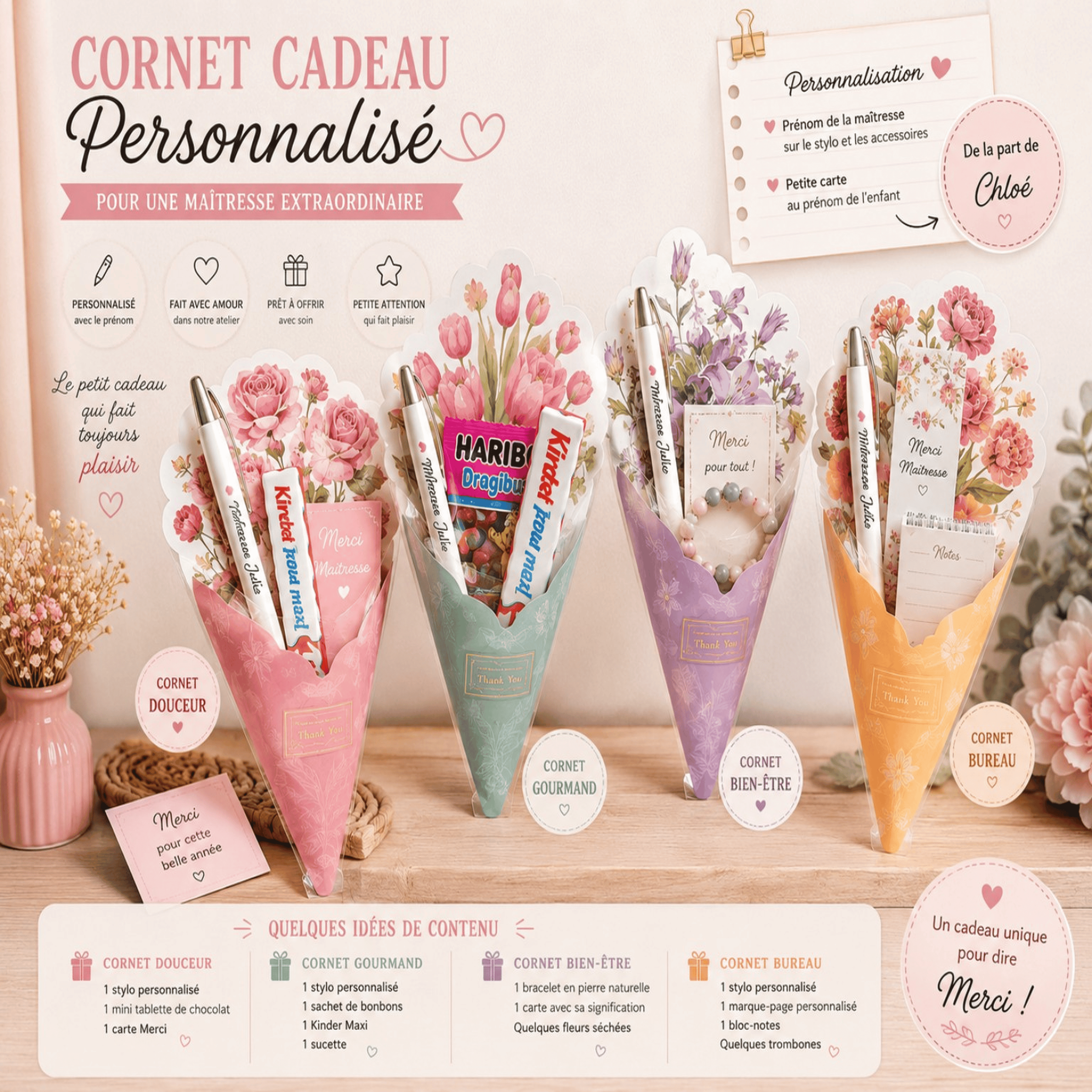 Cornet Cadeau Personnalisé Maîtresse, Maître, ATSEM ou AESH