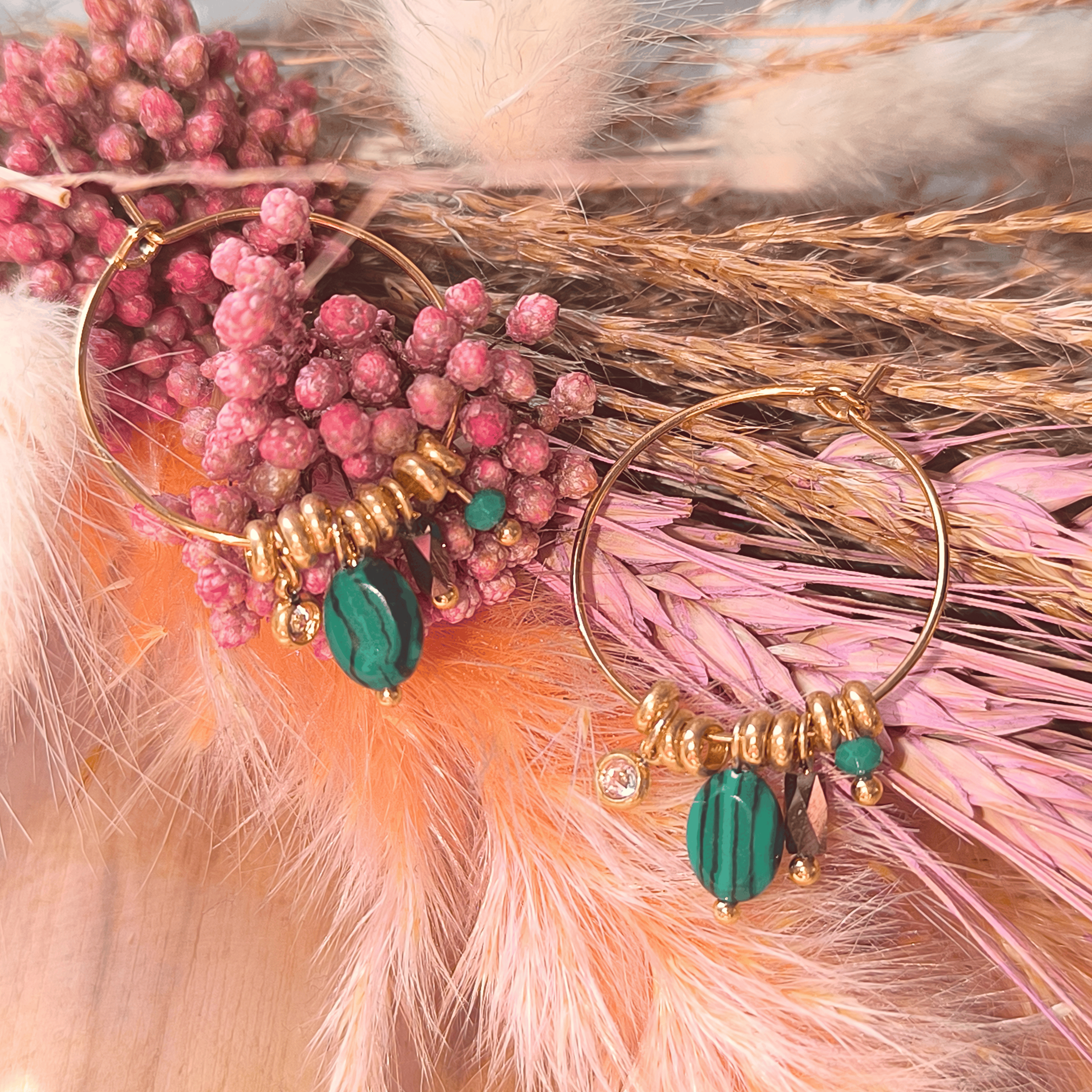 Boucles d’oreilles Créoles fines & Malachite