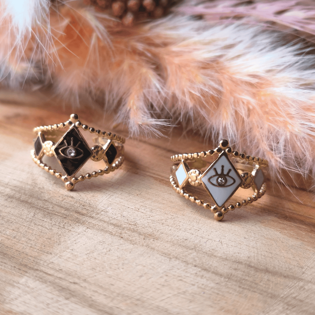 Bague dorée réglable en acier inoxydable – Œil blanc & triangles émaillés avec zircon
