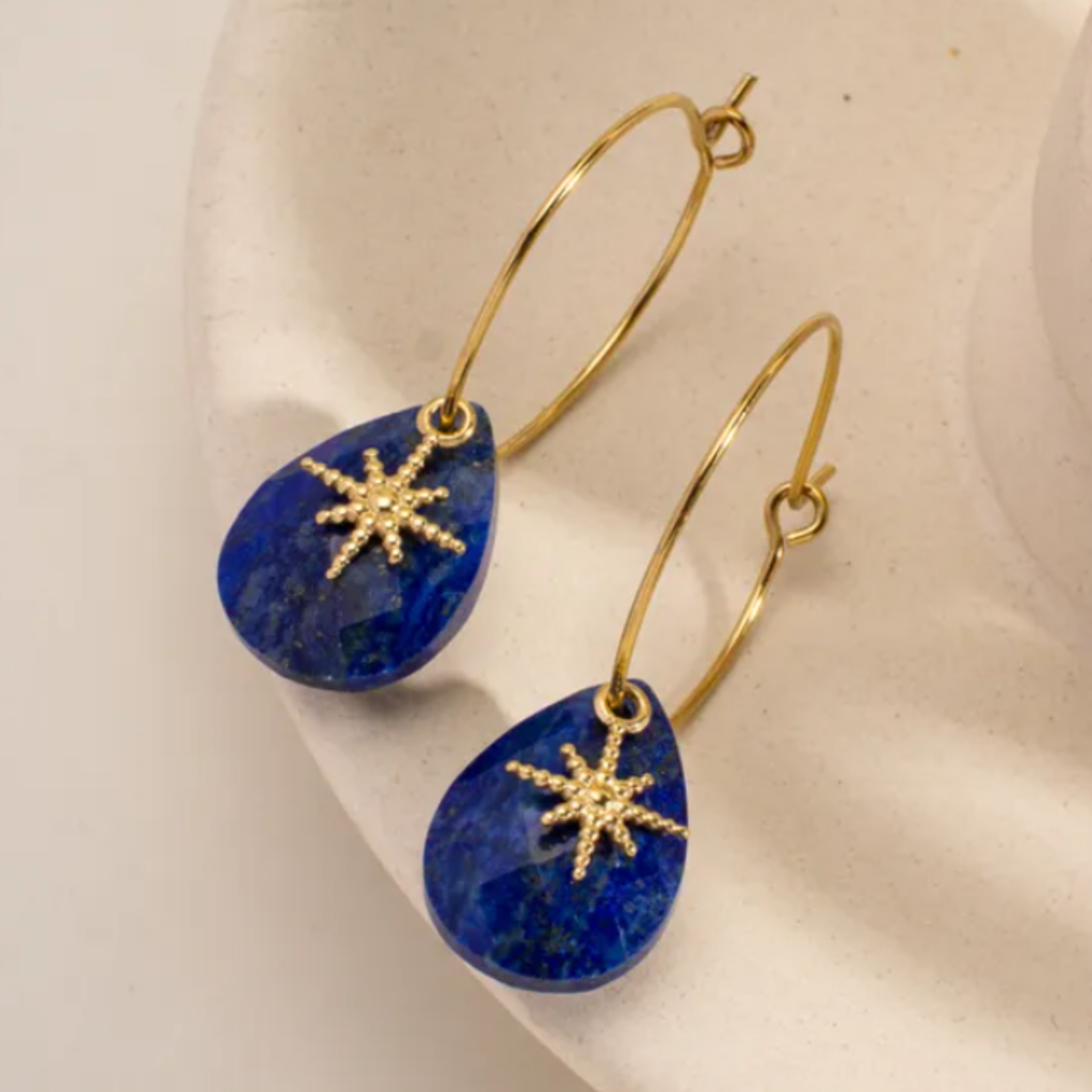 Boucles d’oreilles créoles fines avec pampille et pierre naturelle – acier inoxydable