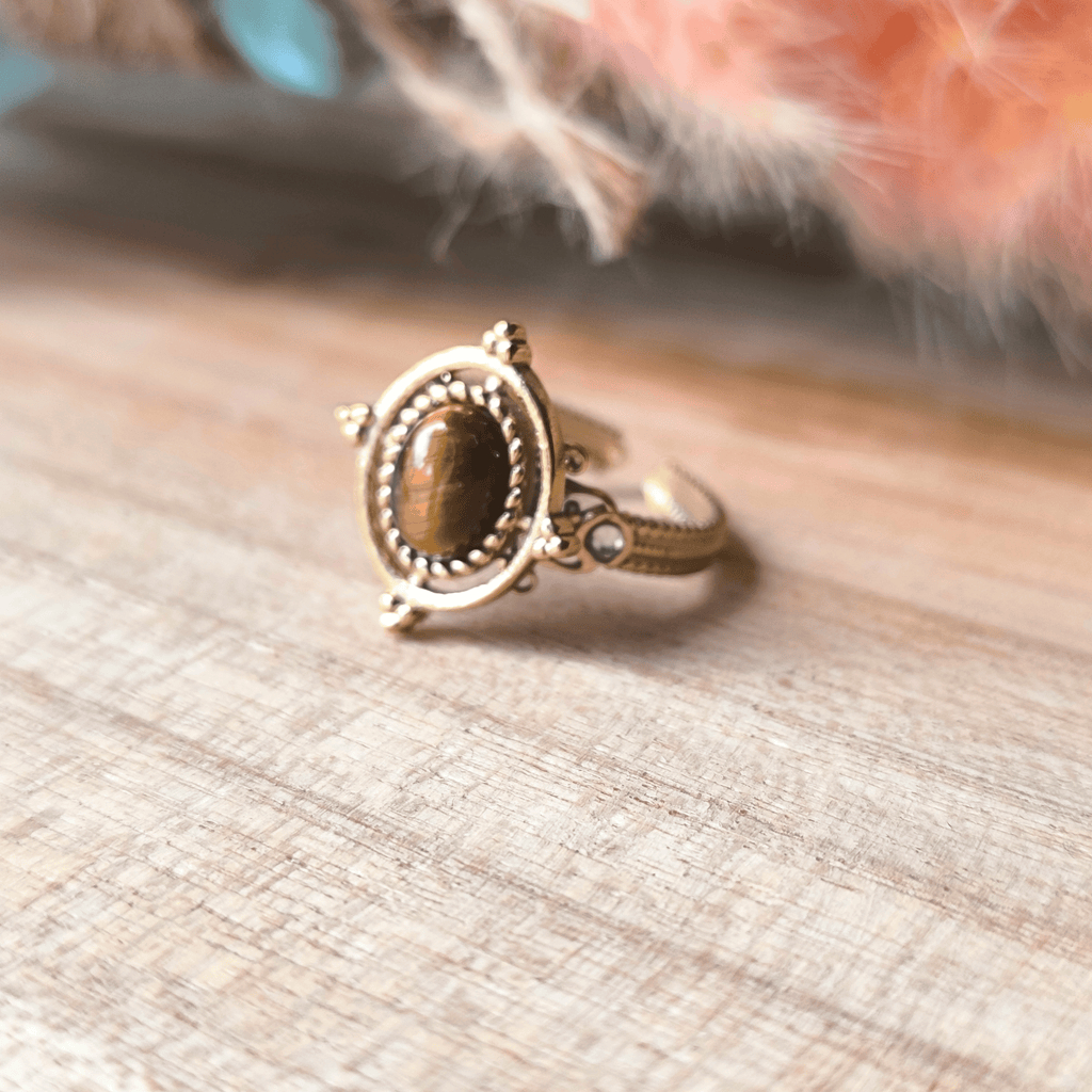 Bague réglable en acier inoxydable doré avec pierre naturelle œil de tigre