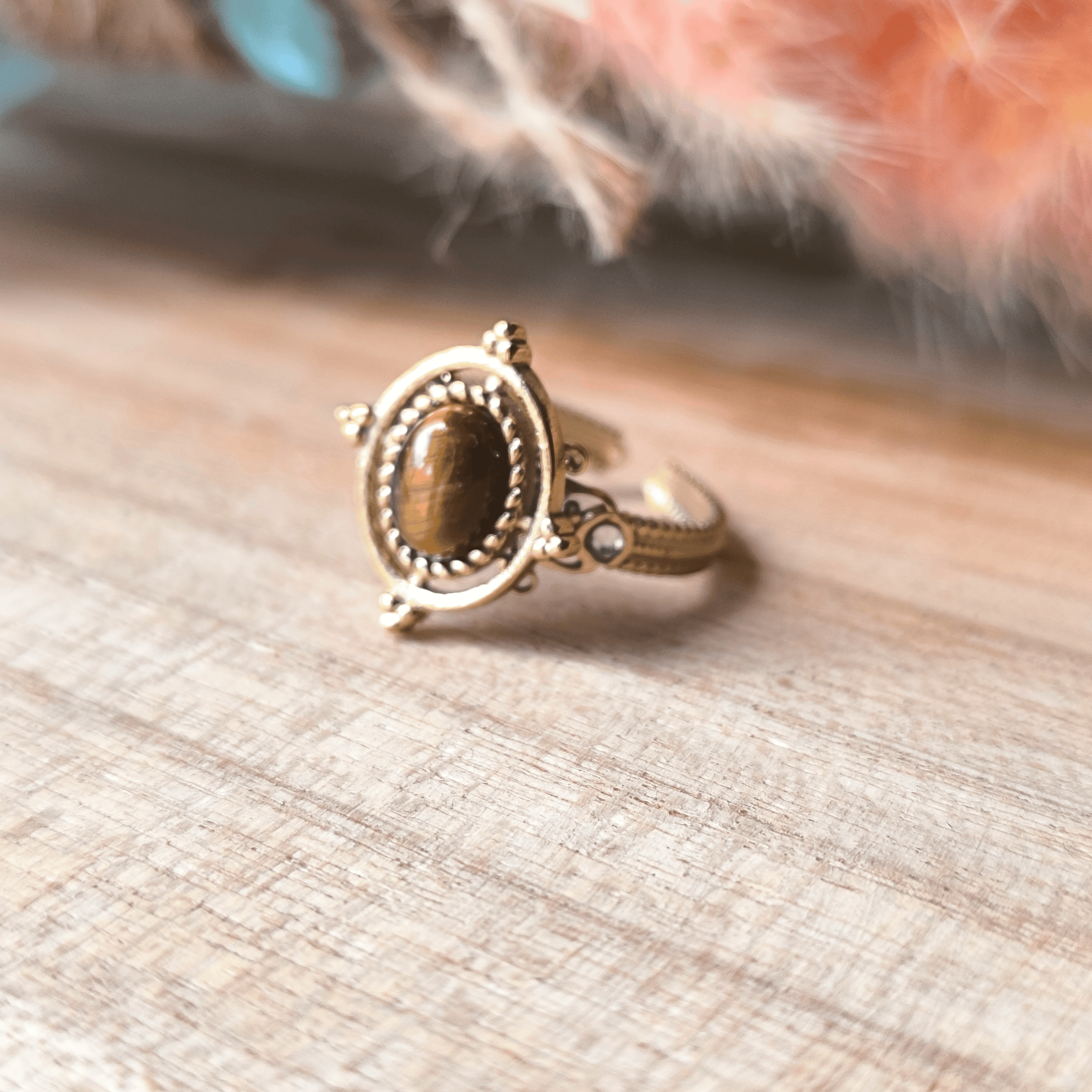 Bague réglable en acier inoxydable doré avec pierre naturelle œil de tigre