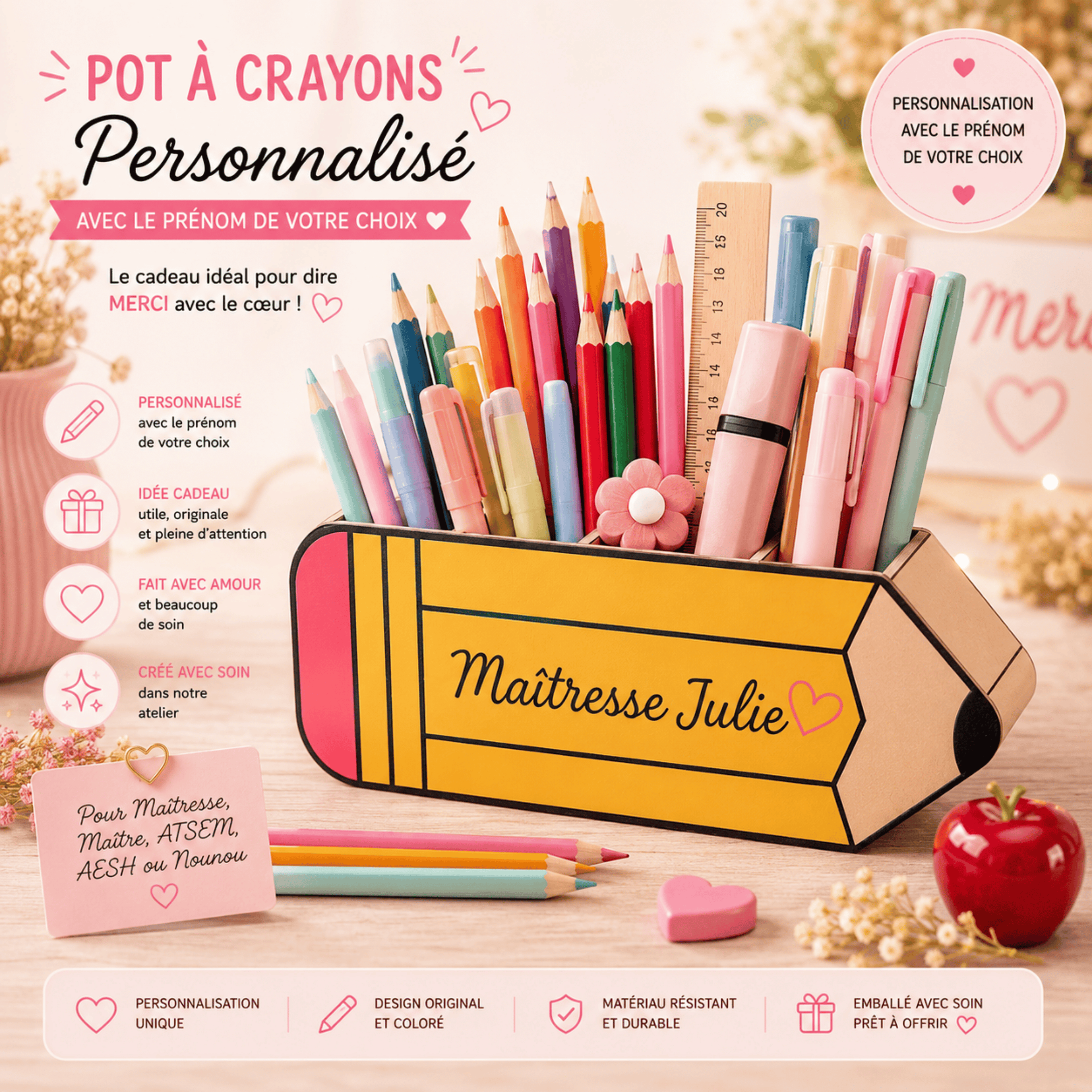 Pot à Crayons Personnalisé Maîtresse, Maître, ATSEM, AESH ou Nounou
