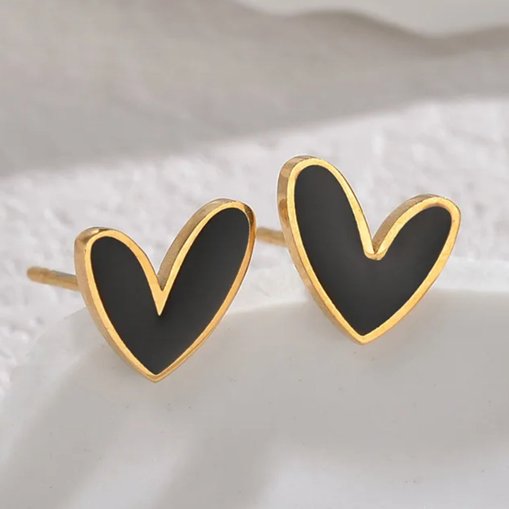 Boucles d’Oreilles Puces en Acier Inoxydable Doré – Forme Cœur Intérieur Noir