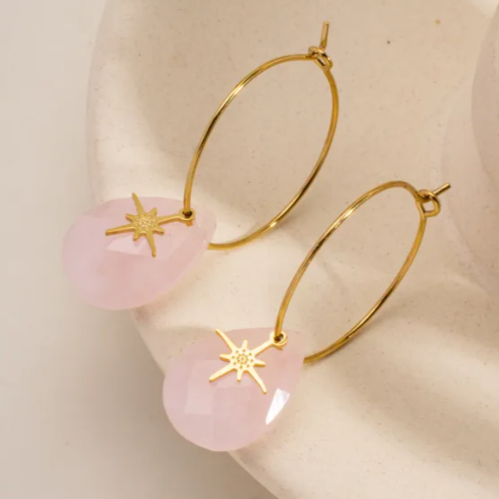 Boucles d’oreilles créoles fines avec pampille et pierre naturelle – acier inoxydable